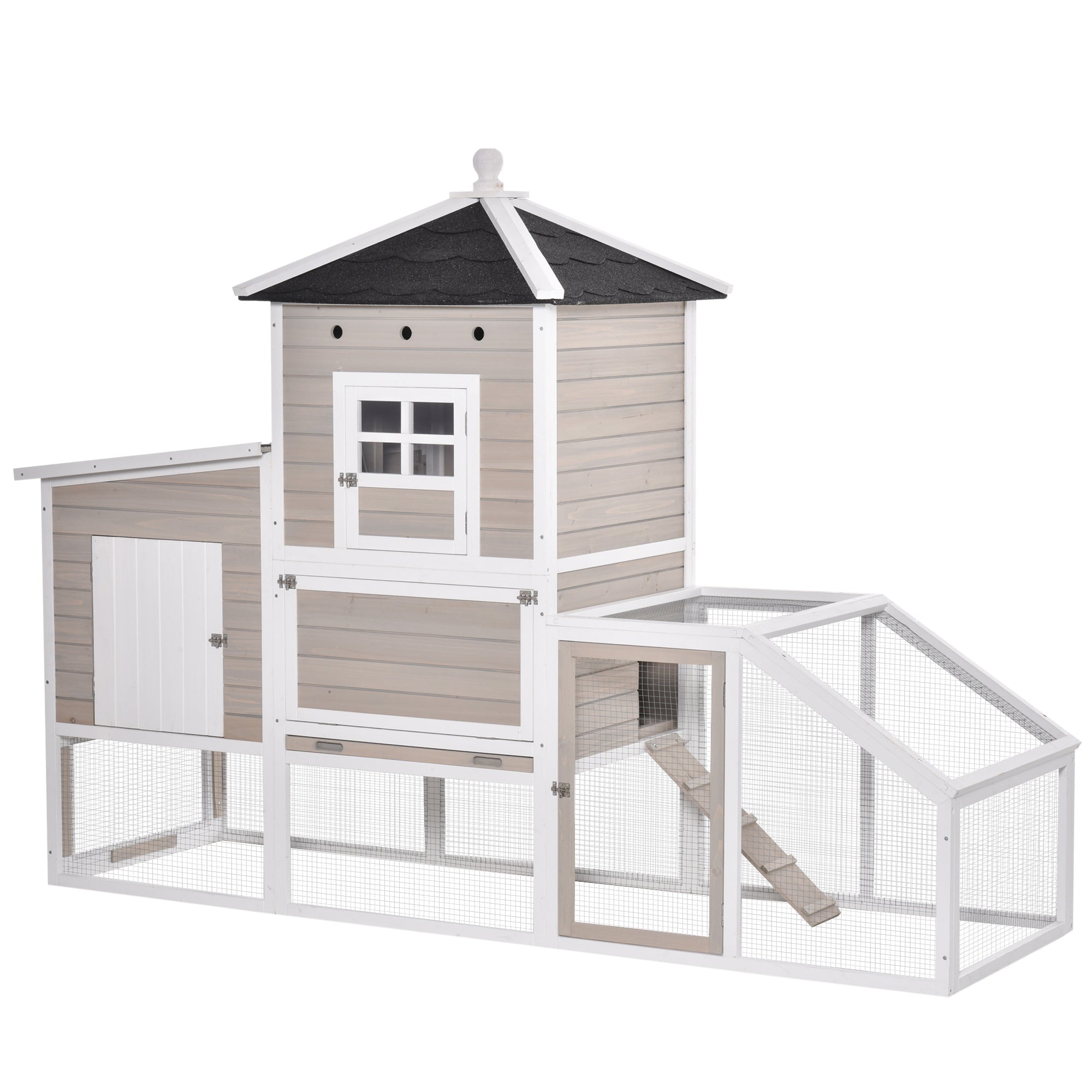 PawHut 106Inches Wooden Chicken Coop Outdoor Hen House Multi-room Poultry Cage with Removable Tray Separate Nesting Box, Grey