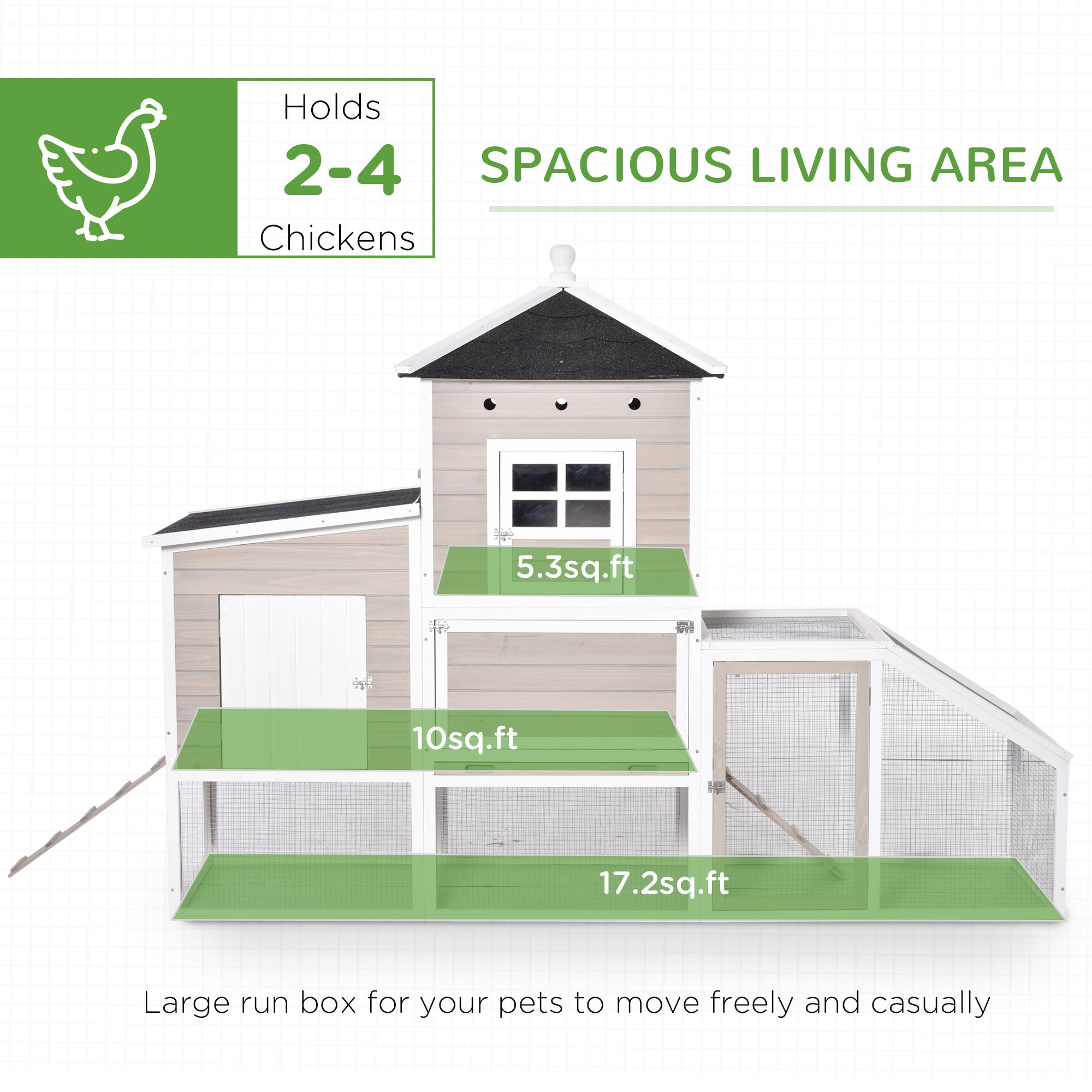 PawHut 106Inches Wooden Chicken Coop Outdoor Hen House Multi-room Poultry Cage with Removable Tray Separate Nesting Box, Grey