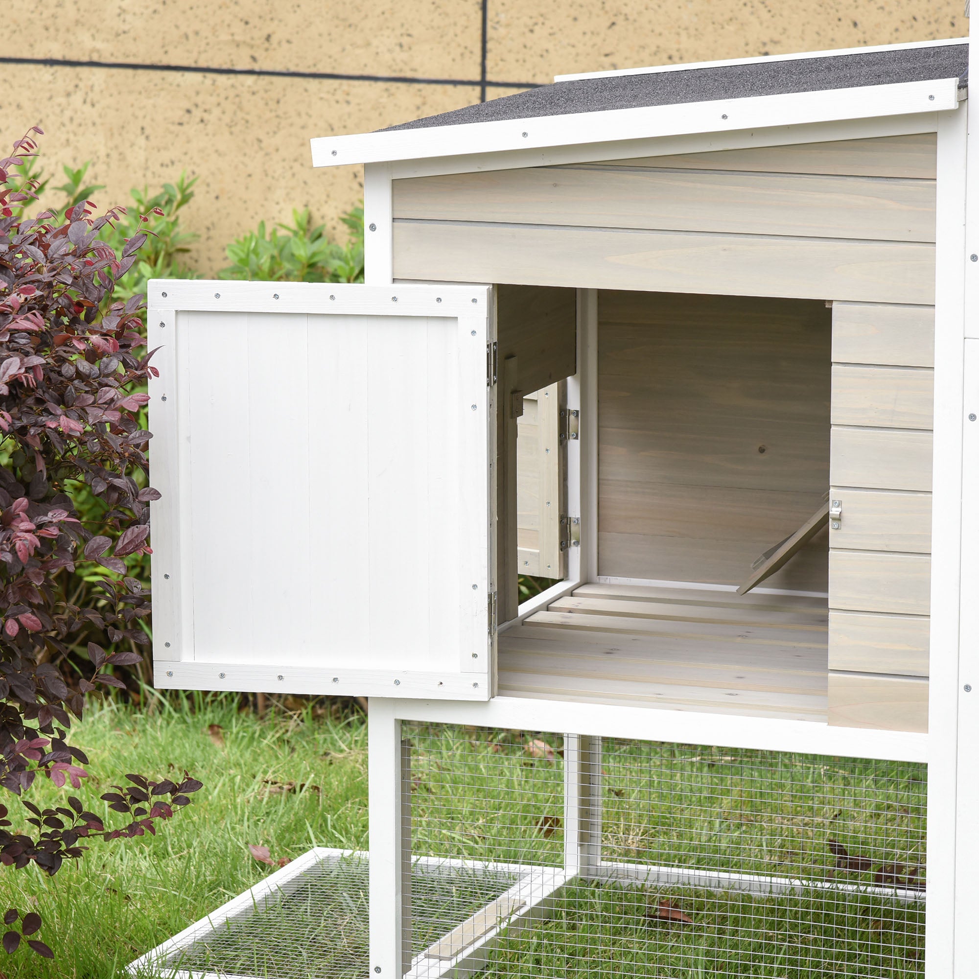 PawHut 106Inches Wooden Chicken Coop Outdoor Hen House Multi-room Poultry Cage with Removable Tray Separate Nesting Box, Grey