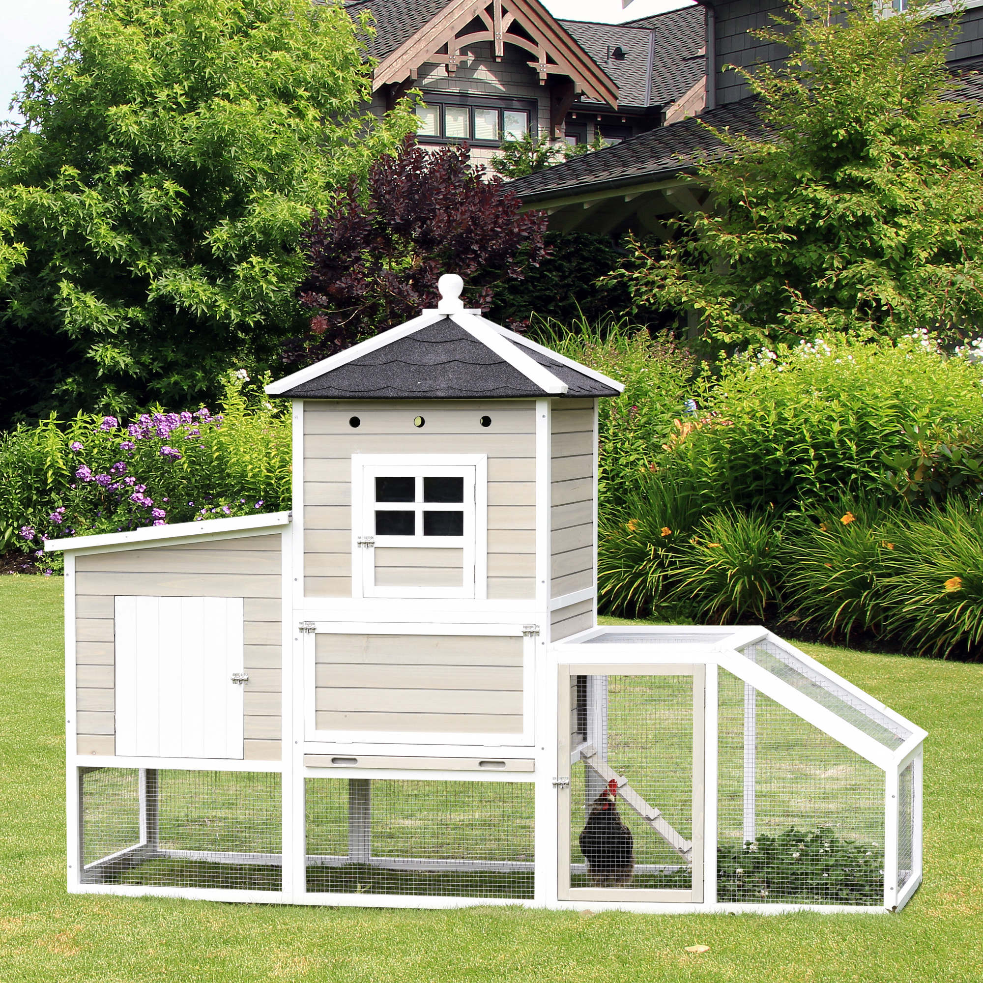 PawHut 106Inches Wooden Chicken Coop Outdoor Hen House Multi-room Poultry Cage with Removable Tray Separate Nesting Box, Grey