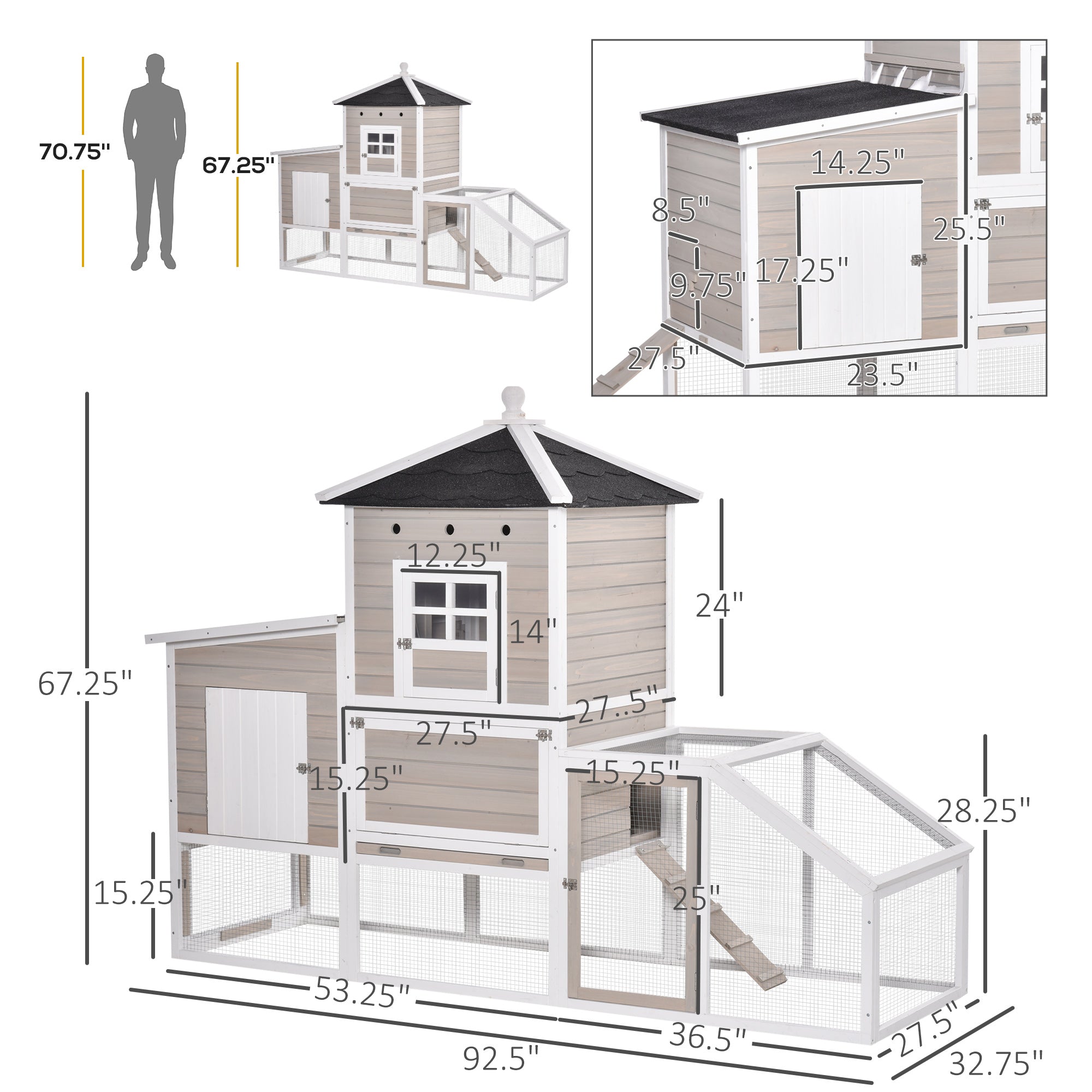 PawHut 106Inches Wooden Chicken Coop Outdoor Hen House Multi-room Poultry Cage with Removable Tray Separate Nesting Box, Grey