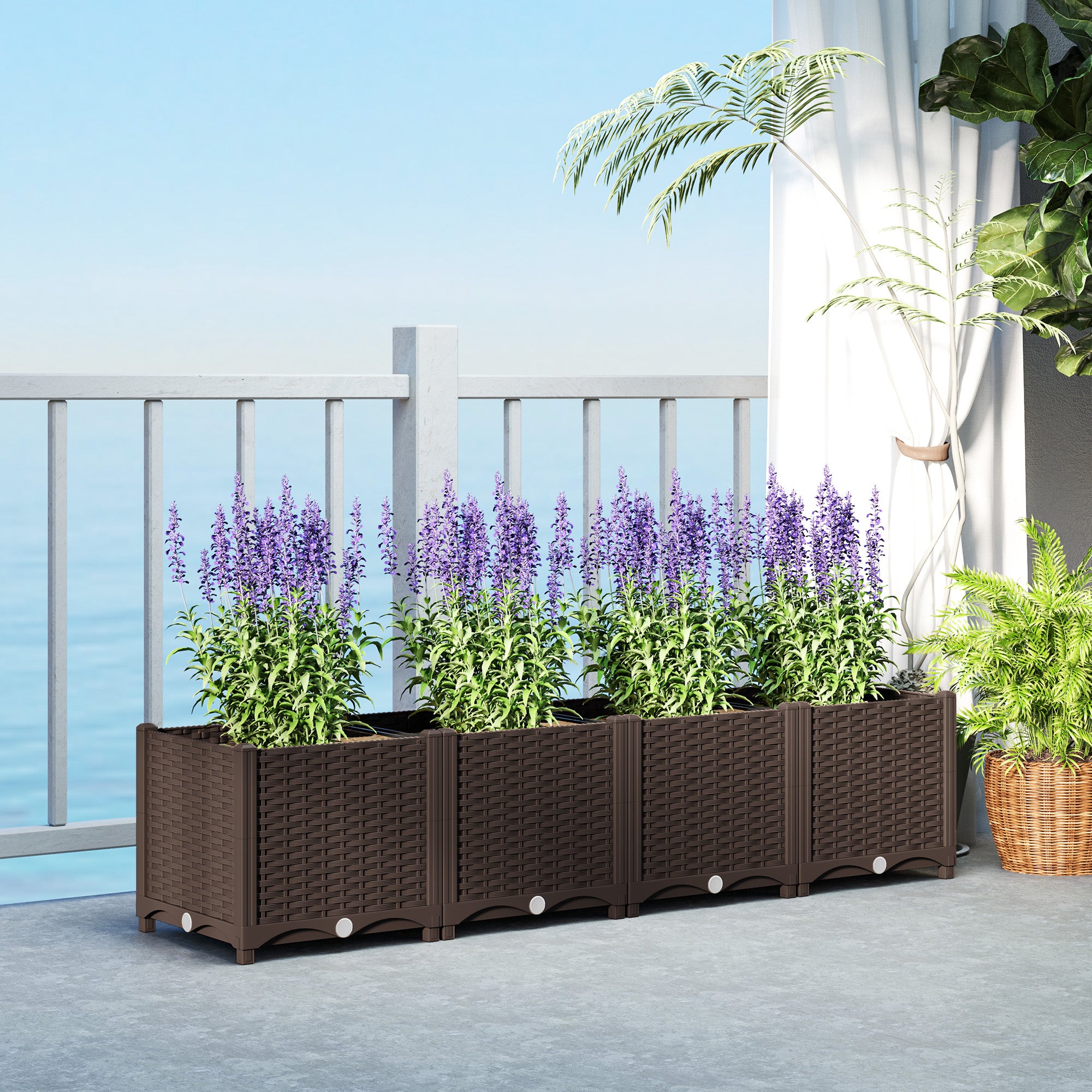 Outsunny Plastic Raised Garden Bed, Outdoor Planter Box with Drainage Holes for Garden, Patio, Balcony, Deck, 63" x 15.7" x 14.6", Brown