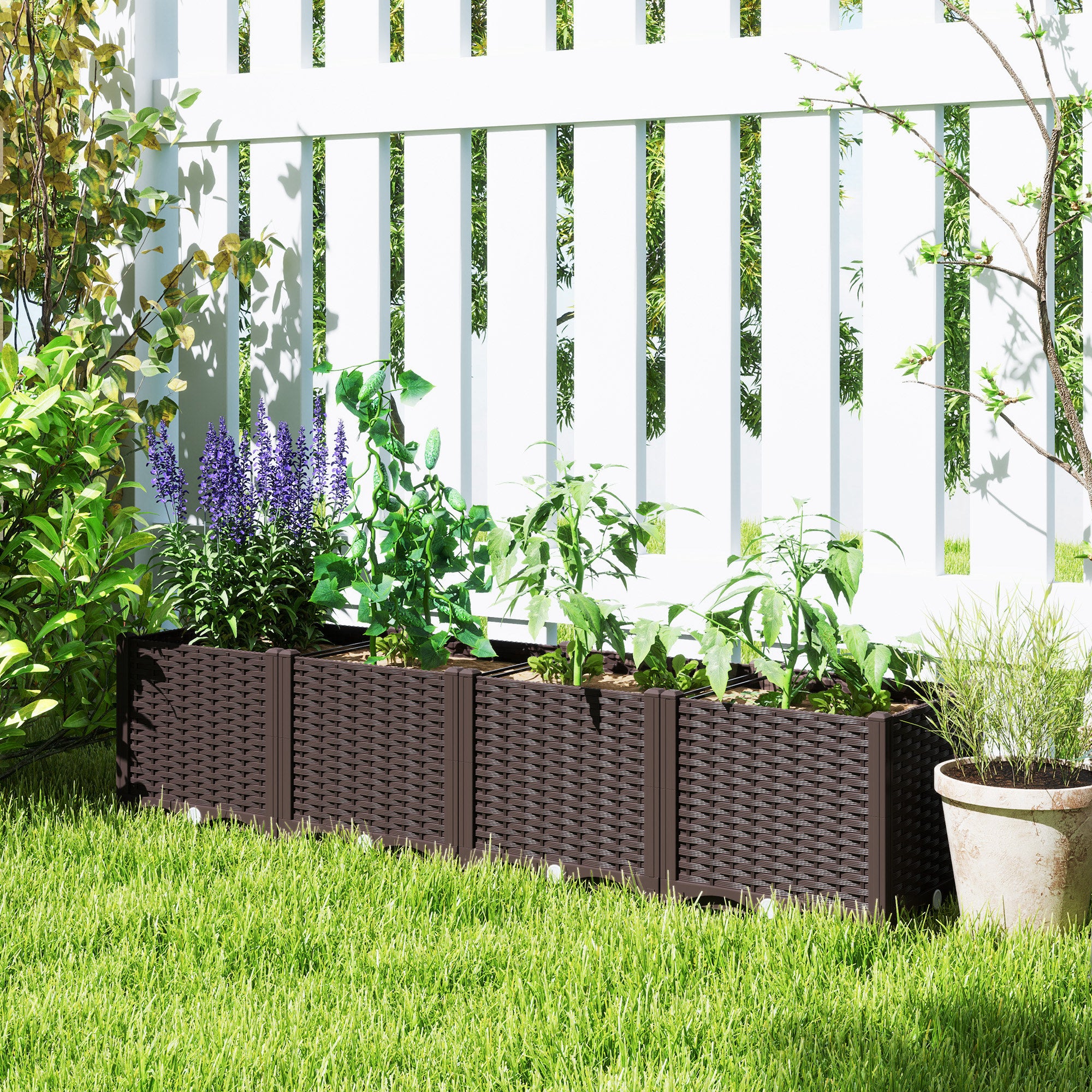 Outsunny Plastic Raised Garden Bed, Outdoor Planter Box with Drainage Holes for Garden, Patio, Balcony, Deck, 63" x 15.7" x 14.6", Brown