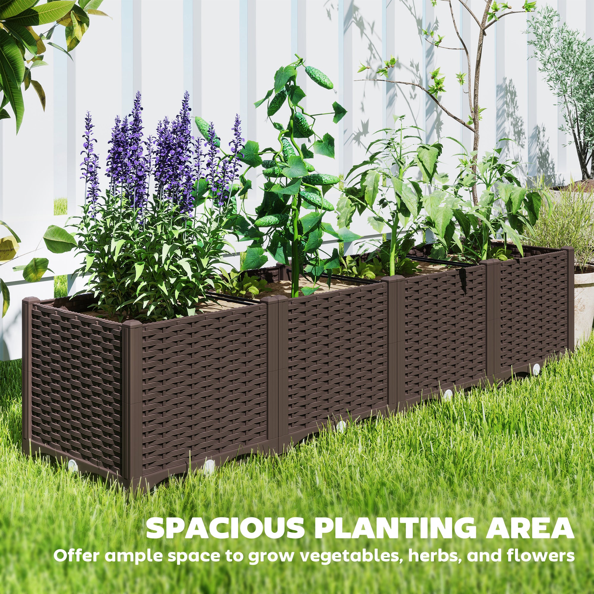 Outsunny Plastic Raised Garden Bed, Outdoor Planter Box with Drainage Holes for Garden, Patio, Balcony, Deck, 63" x 15.7" x 14.6", Brown