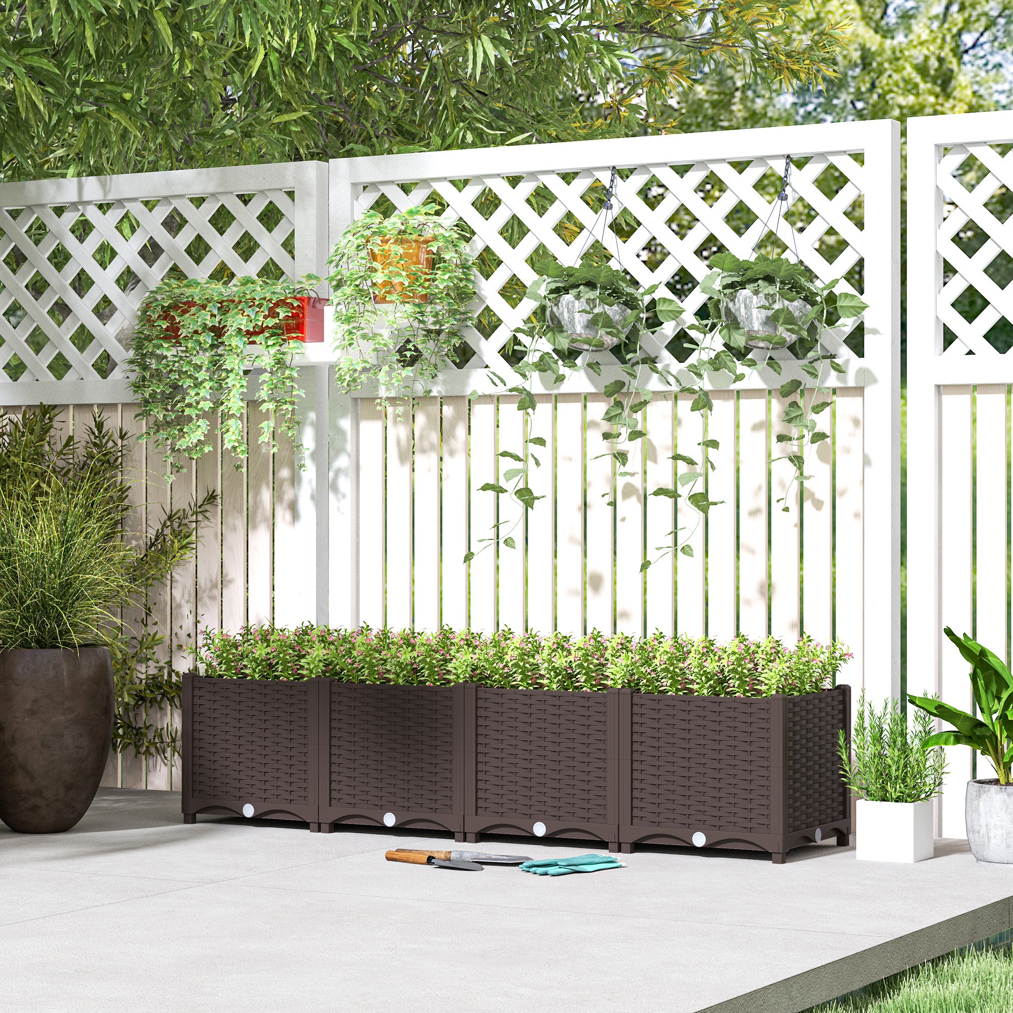 Outsunny Plastic Raised Garden Bed, Outdoor Planter Box with Drainage Holes for Garden, Patio, Balcony, Deck, 63" x 15.7" x 14.6", Brown
