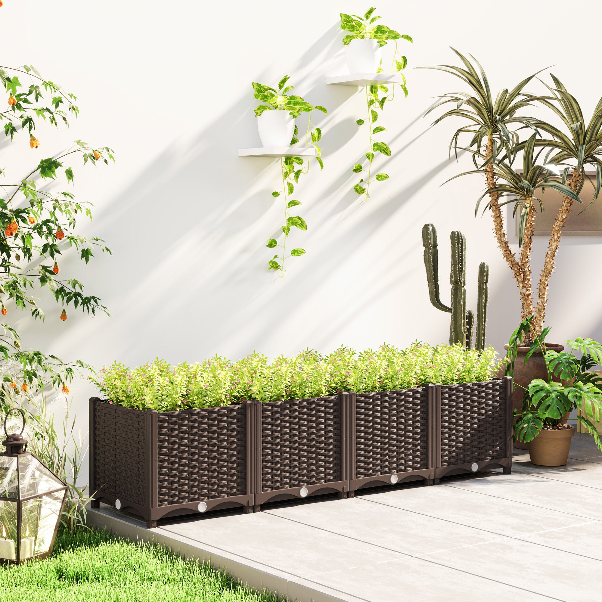 Outsunny Plastic Raised Garden Bed, Outdoor Planter Box with Drainage Holes for Garden, Patio, Balcony, Deck, 63" x 15.7" x 14.6", Brown