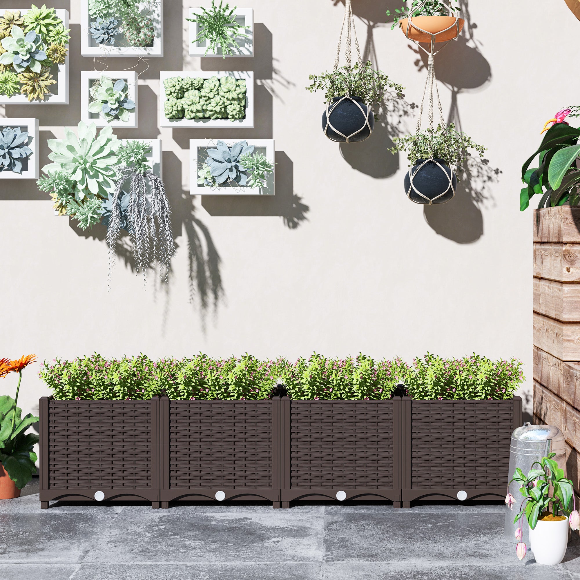 Outsunny Plastic Raised Garden Bed, Outdoor Planter Box with Drainage Holes for Garden, Patio, Balcony, Deck, 63" x 15.7" x 14.6", Brown