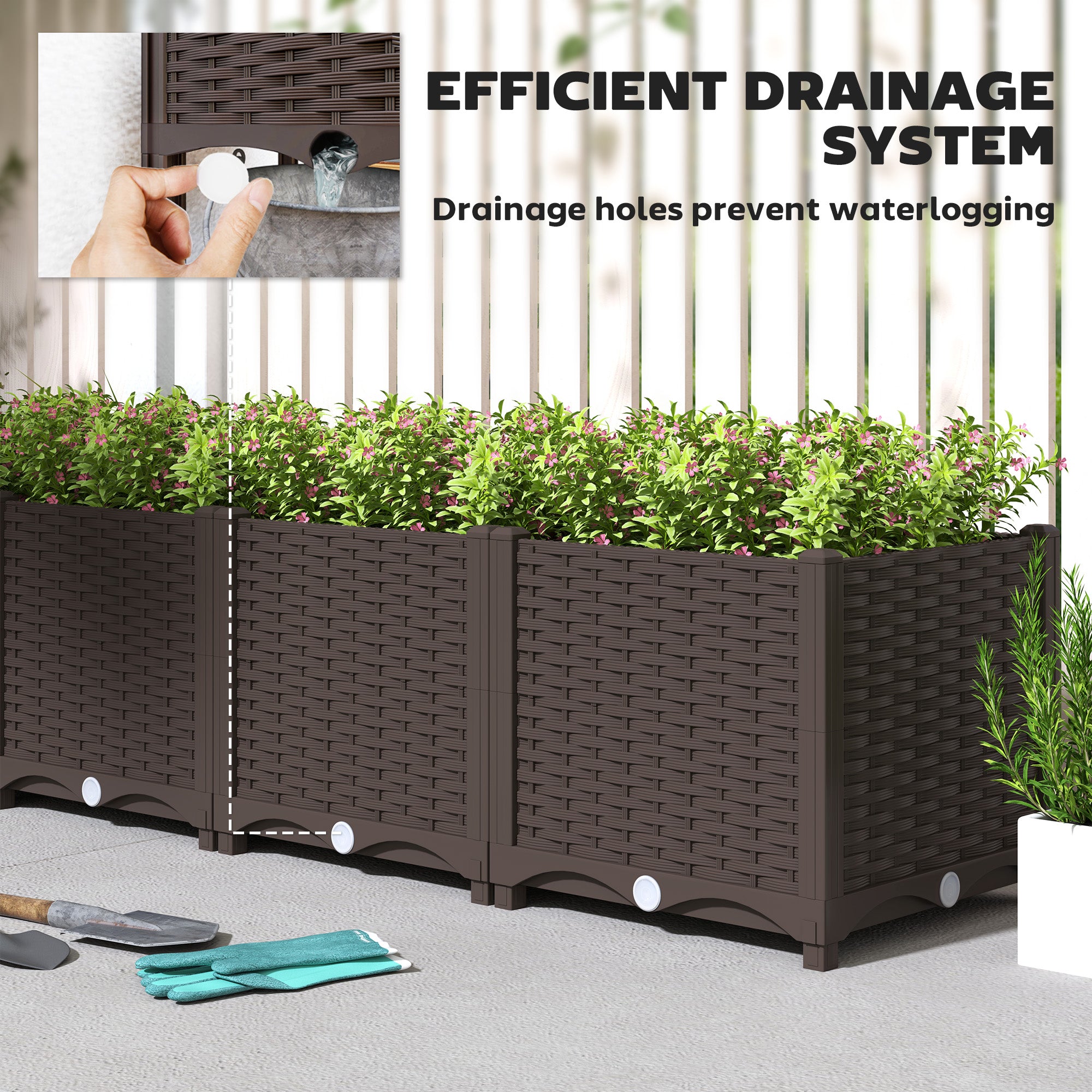 Outsunny Plastic Raised Garden Bed, Outdoor Planter Box with Drainage Holes for Garden, Patio, Balcony, Deck, 63" x 15.7" x 14.6", Brown
