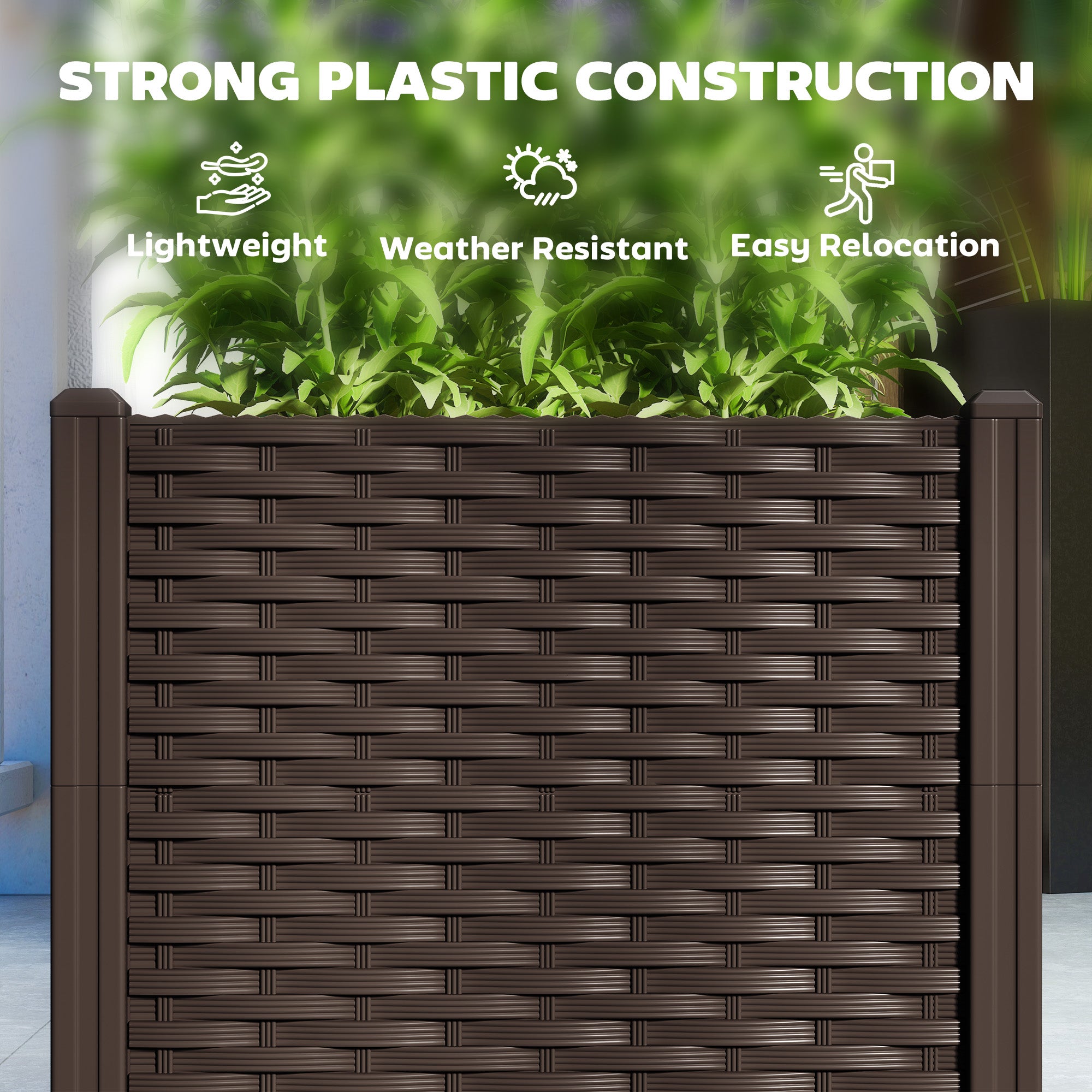 Outsunny Plastic Raised Garden Bed, Outdoor Planter Box with Drainage Holes for Garden, Patio, Balcony, Deck, 63" x 15.7" x 14.6", Brown