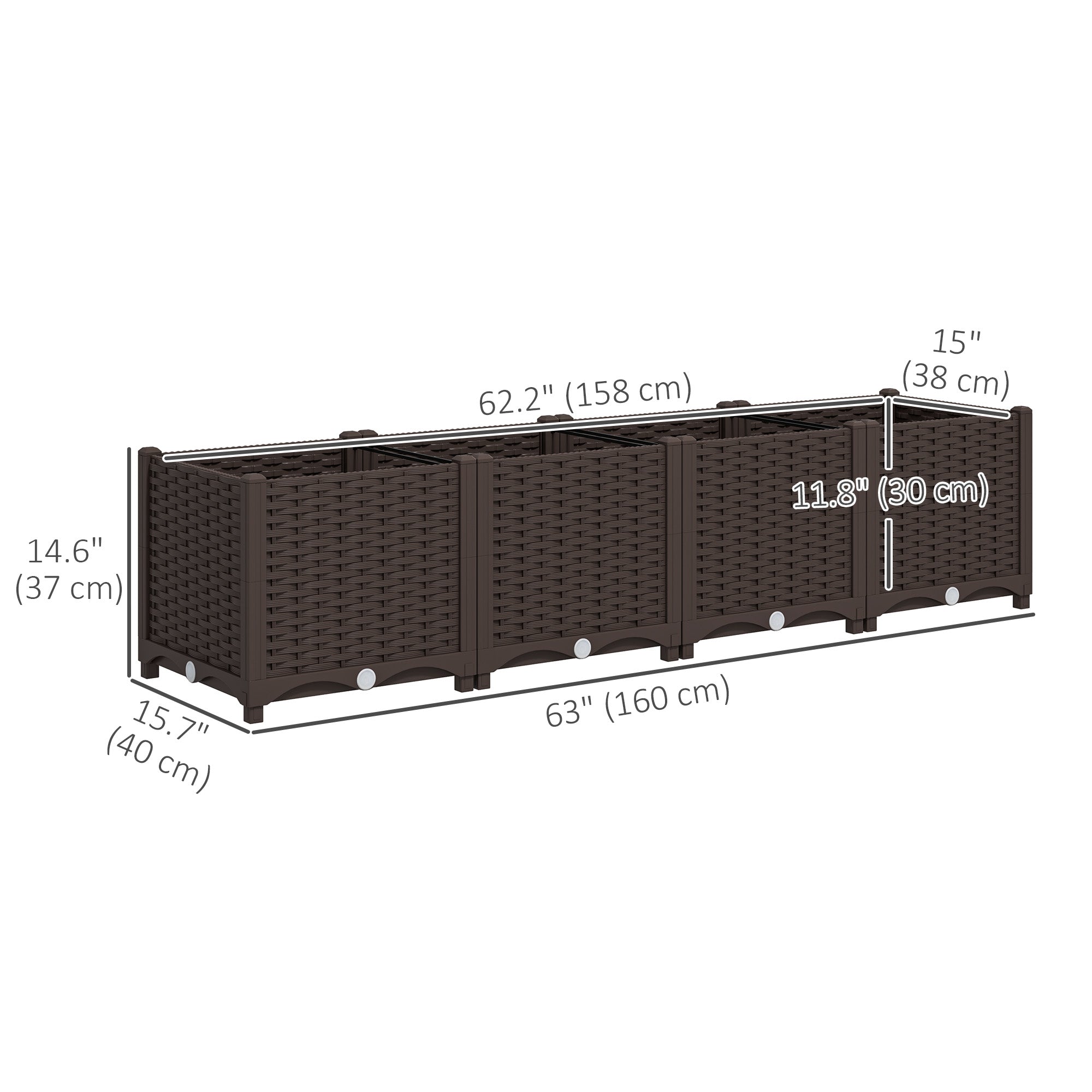 Outsunny Plastic Raised Garden Bed, Outdoor Planter Box with Drainage Holes for Garden, Patio, Balcony, Deck, 63" x 15.7" x 14.6", Brown