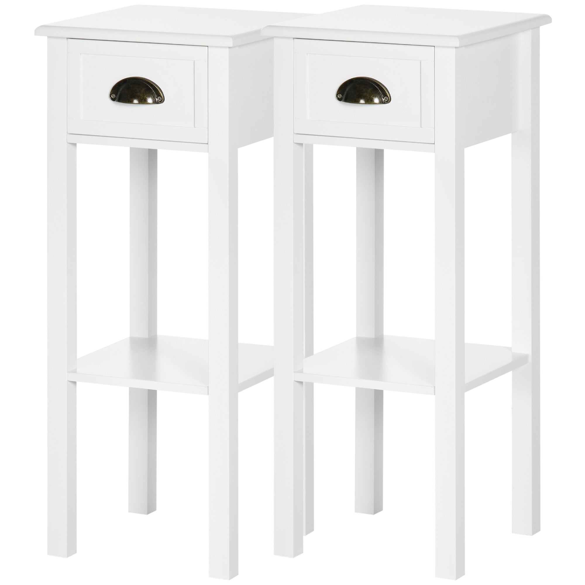 HOMCOM Bedside Table Set of 2, Narrow Side Table with Drawer and Shelf, 2 Tier Tall Nightstand for Bedroom, White