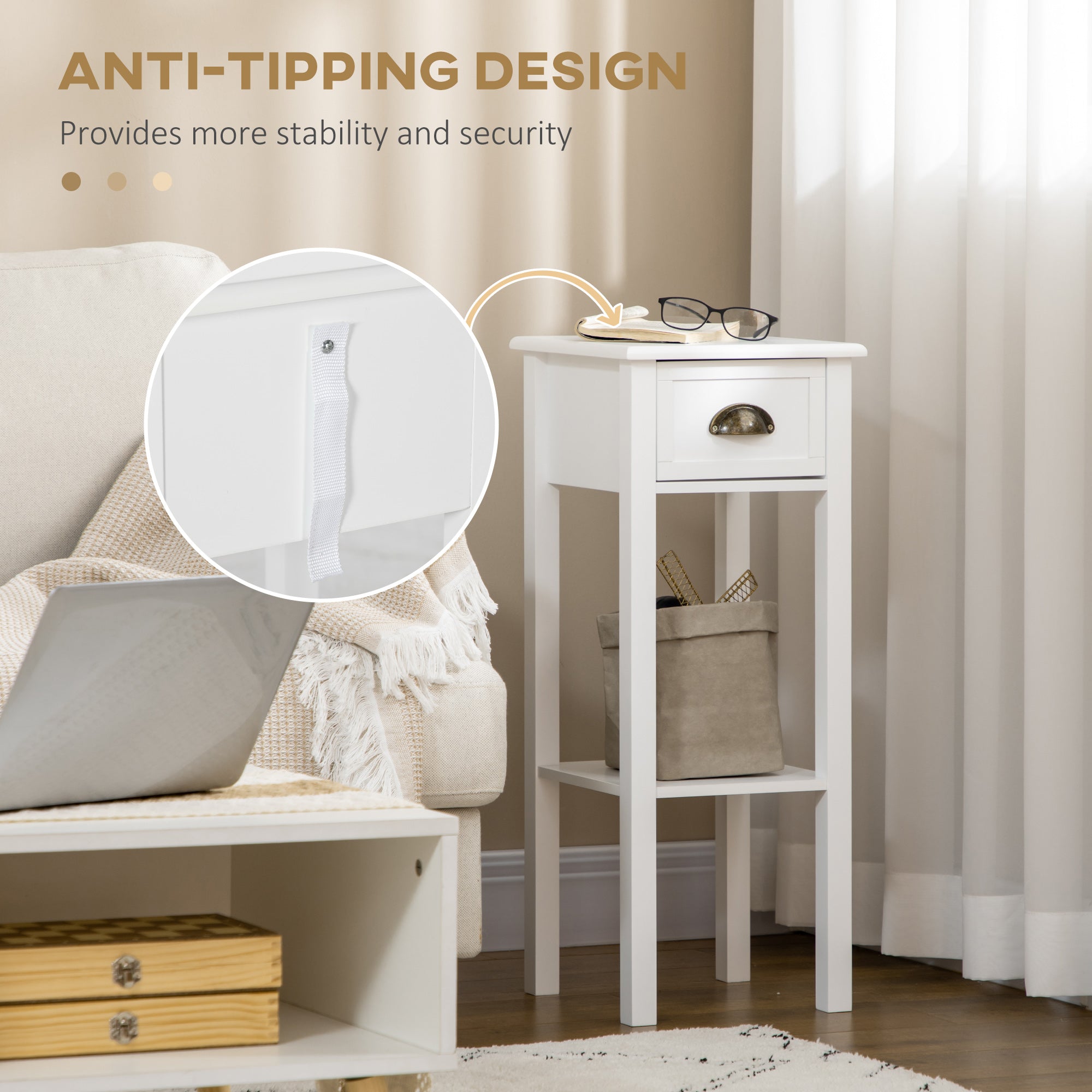 HOMCOM Bedside Table Set of 2, Narrow Side Table with Drawer and Shelf, 2 Tier Tall Nightstand for Bedroom, White