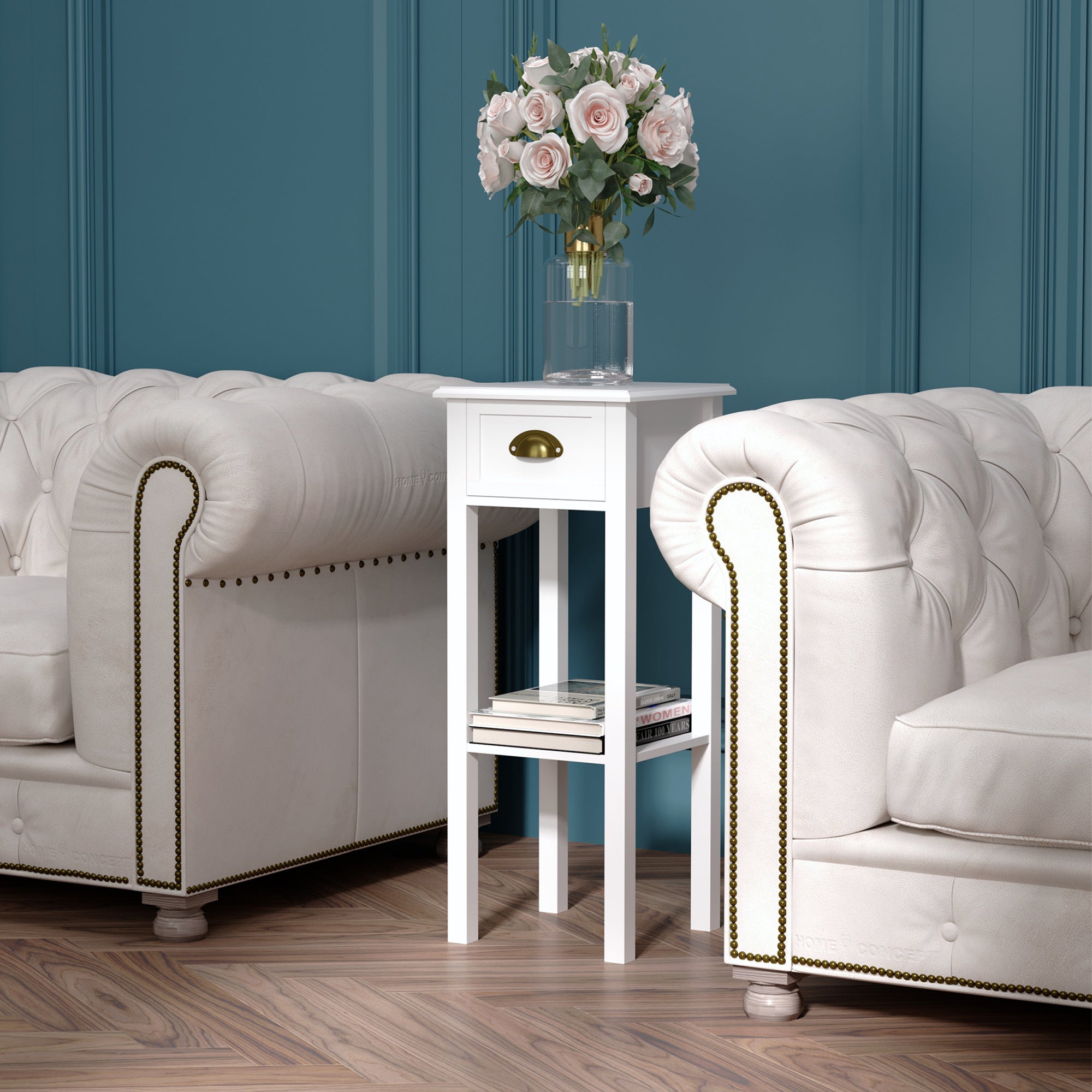 HOMCOM Bedside Table Set of 2, Narrow Side Table with Drawer and Shelf, 2 Tier Tall Nightstand for Bedroom, White