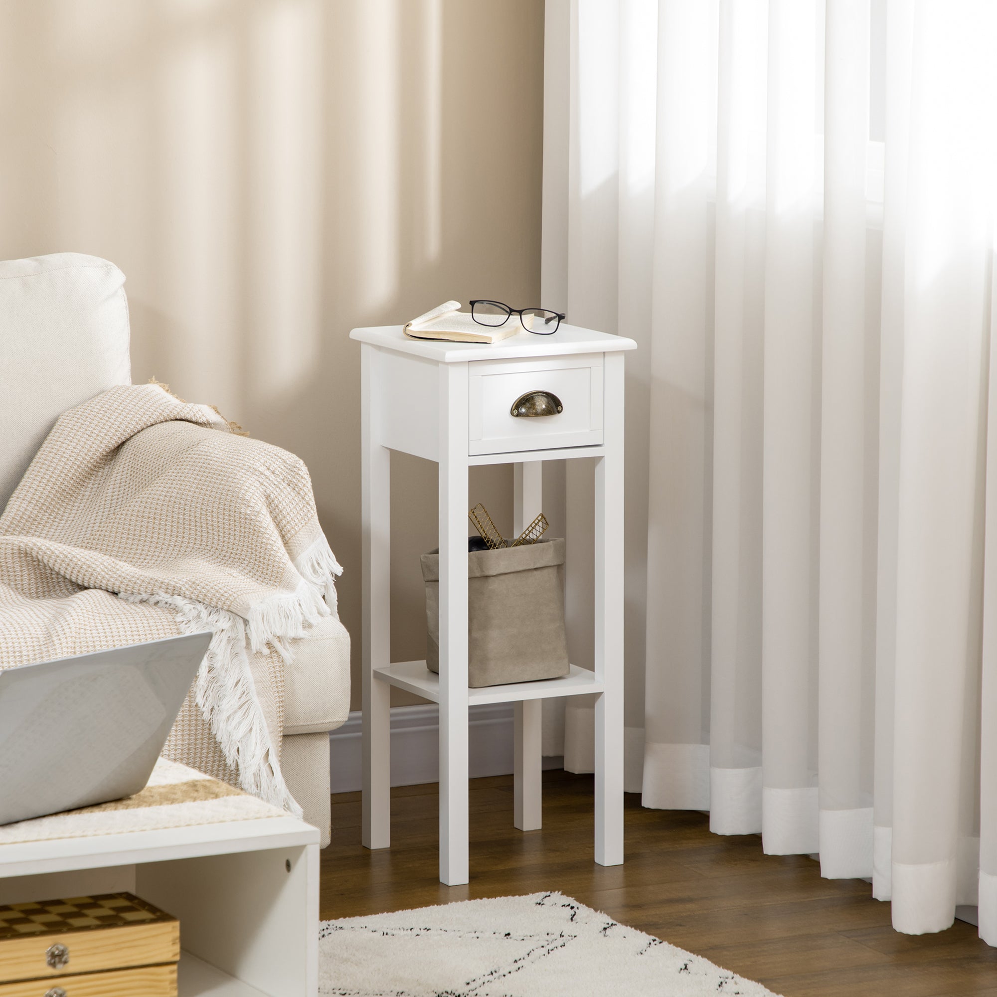 HOMCOM Bedside Table Set of 2, Narrow Side Table with Drawer and Shelf, 2 Tier Tall Nightstand for Bedroom, White