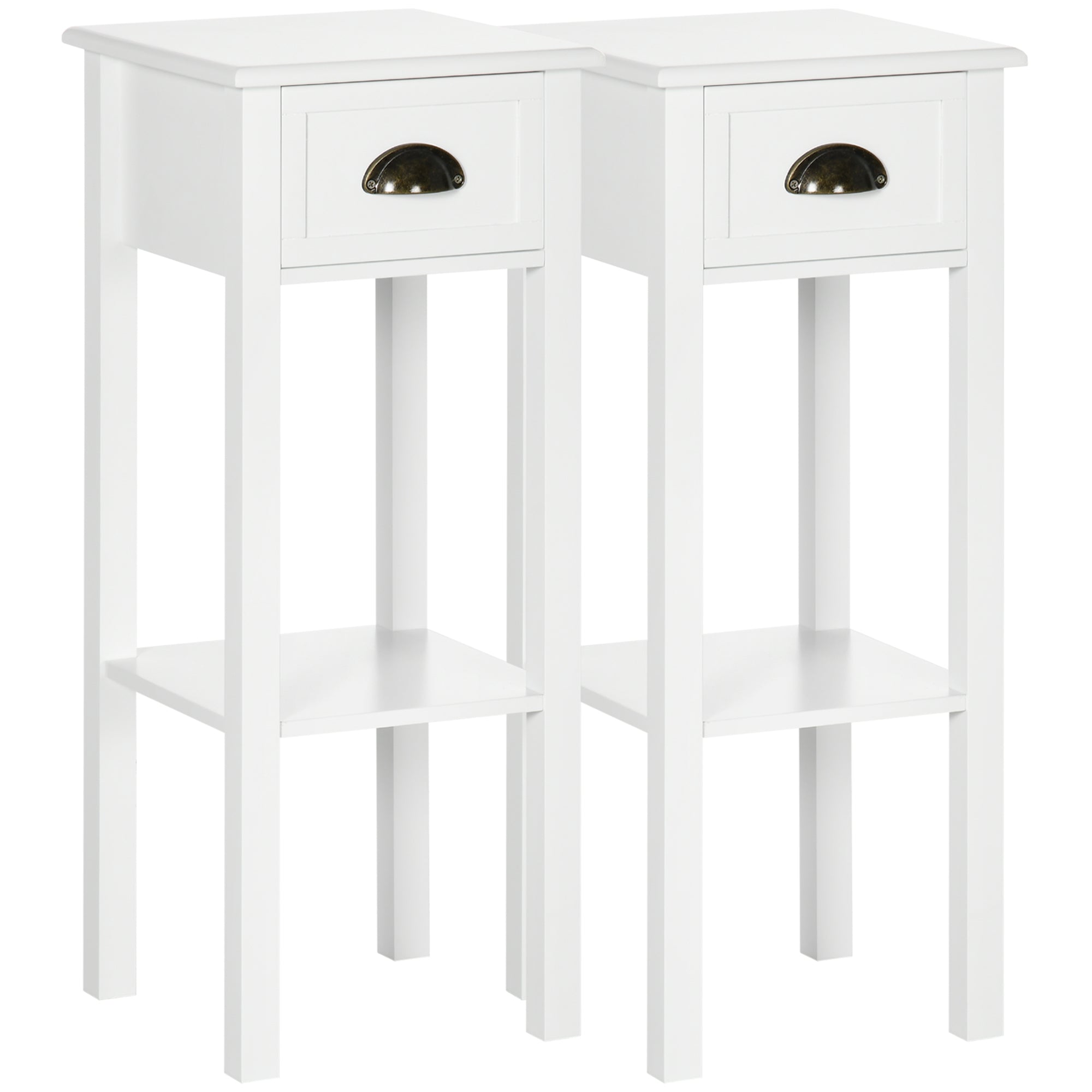 HOMCOM Bedside Table Set of 2, Narrow Side Table with Drawer and Shelf, 2 Tier Tall Nightstand for Bedroom, White