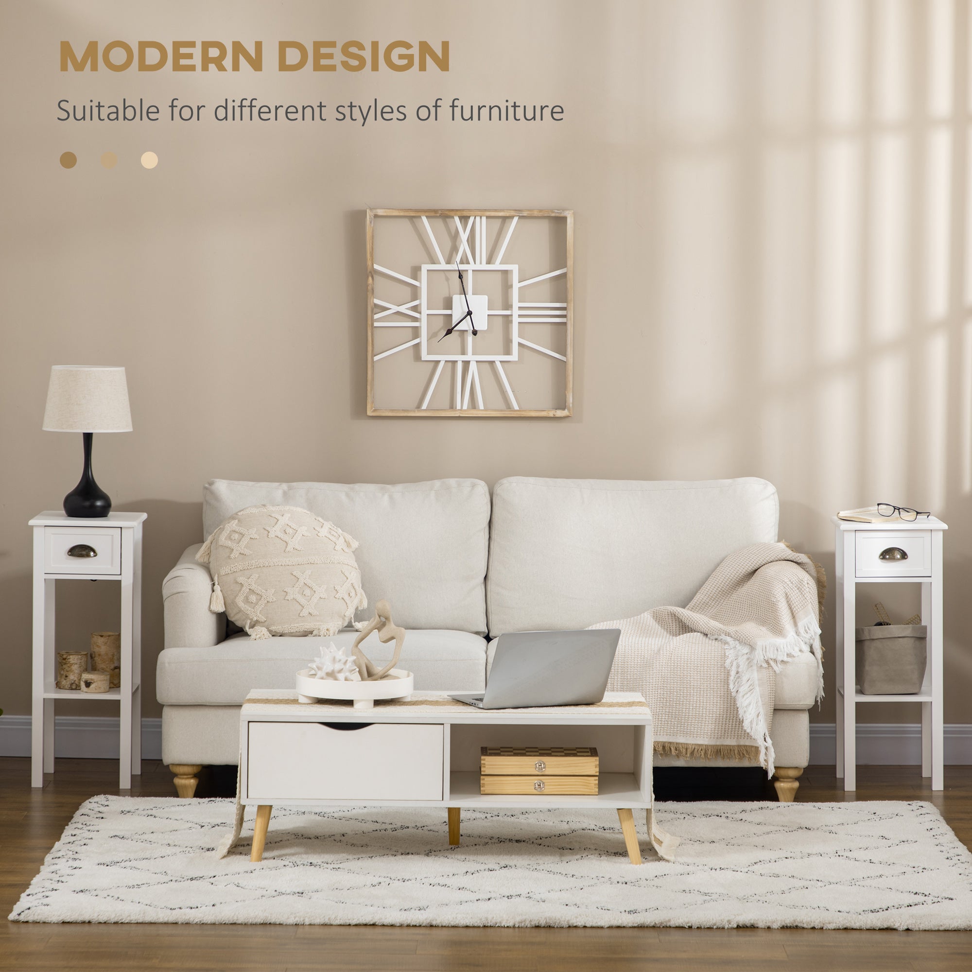 HOMCOM Bedside Table Set of 2, Narrow Side Table with Drawer and Shelf, 2 Tier Tall Nightstand for Bedroom, White