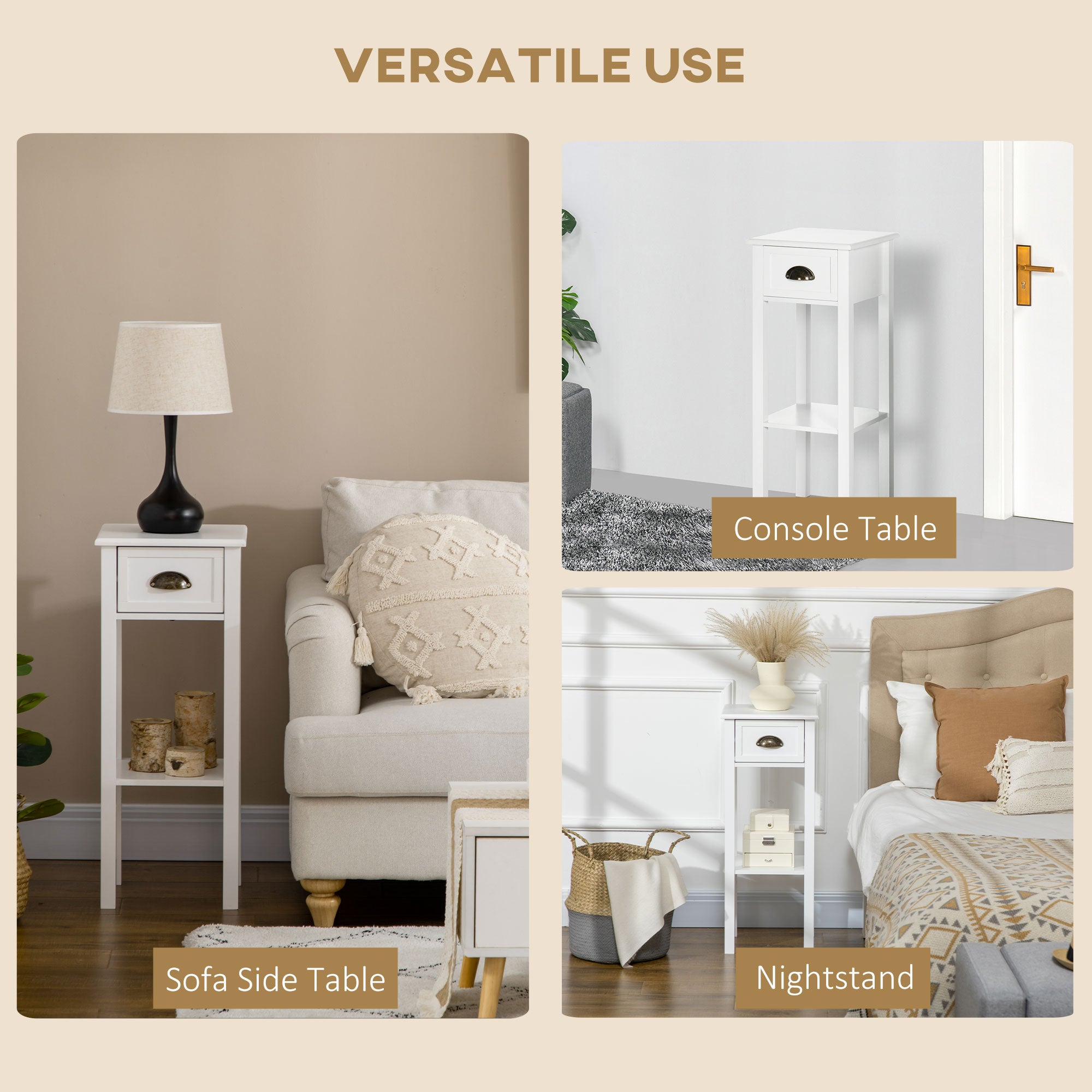 HOMCOM Bedside Table Set of 2, Narrow Side Table with Drawer and Shelf, 2 Tier Tall Nightstand for Bedroom, White