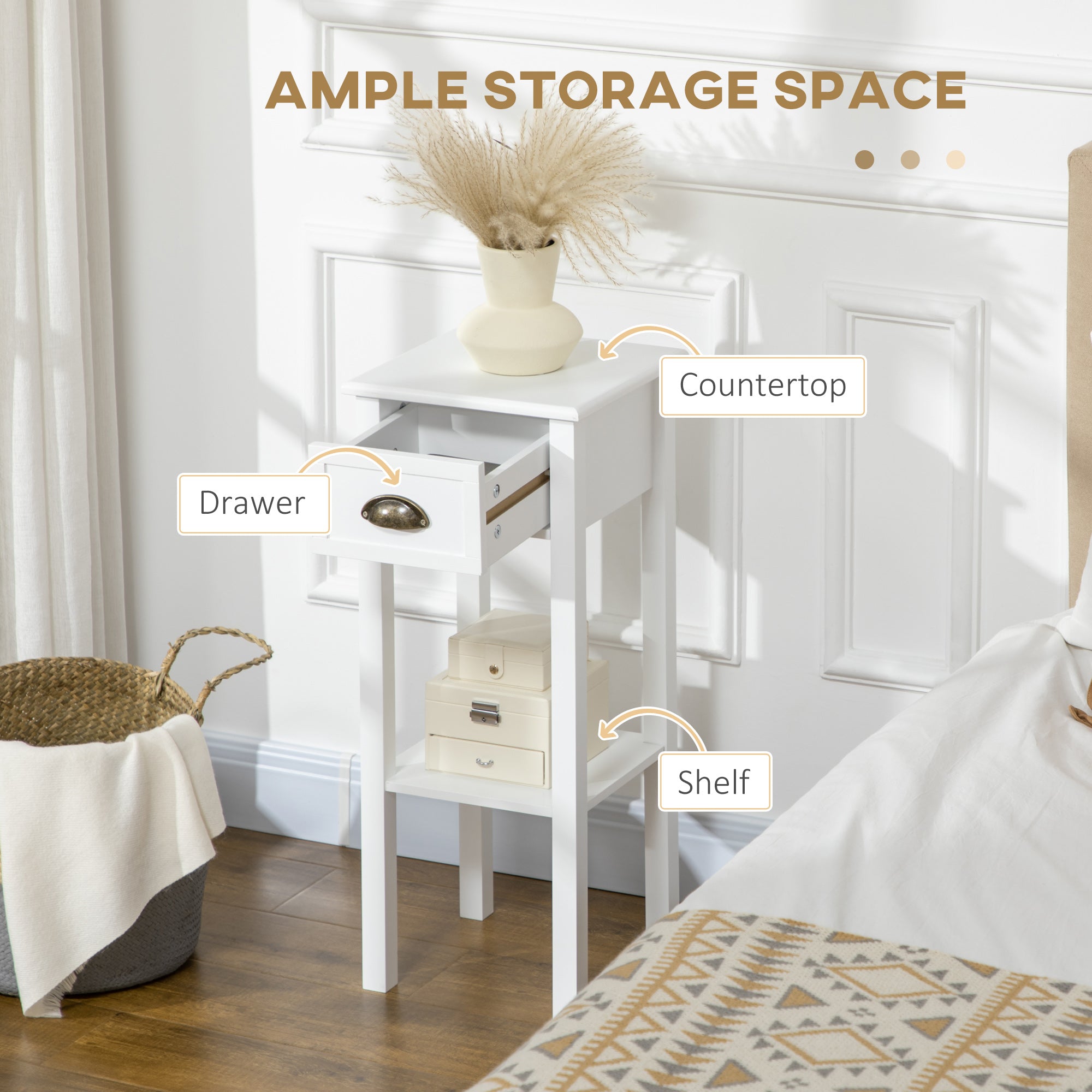 HOMCOM Bedside Table Set of 2, Narrow Side Table with Drawer and Shelf, 2 Tier Tall Nightstand for Bedroom, White