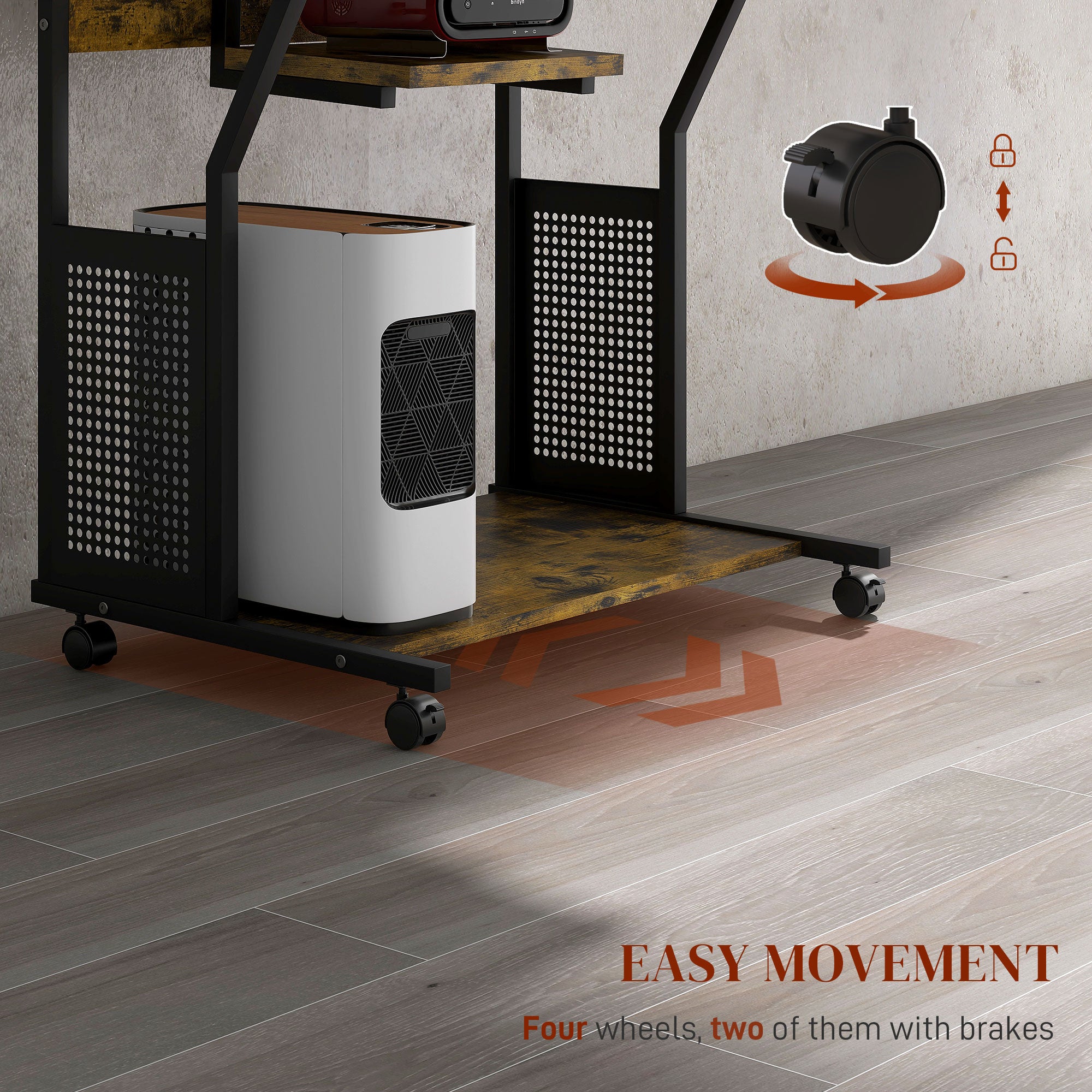 HOMCOM 32" Computer Desk, Mobile Home Office Desk with Keyboard Tray and Storage Shelves, Rolling Workstation on Wheels, Rustic Brown