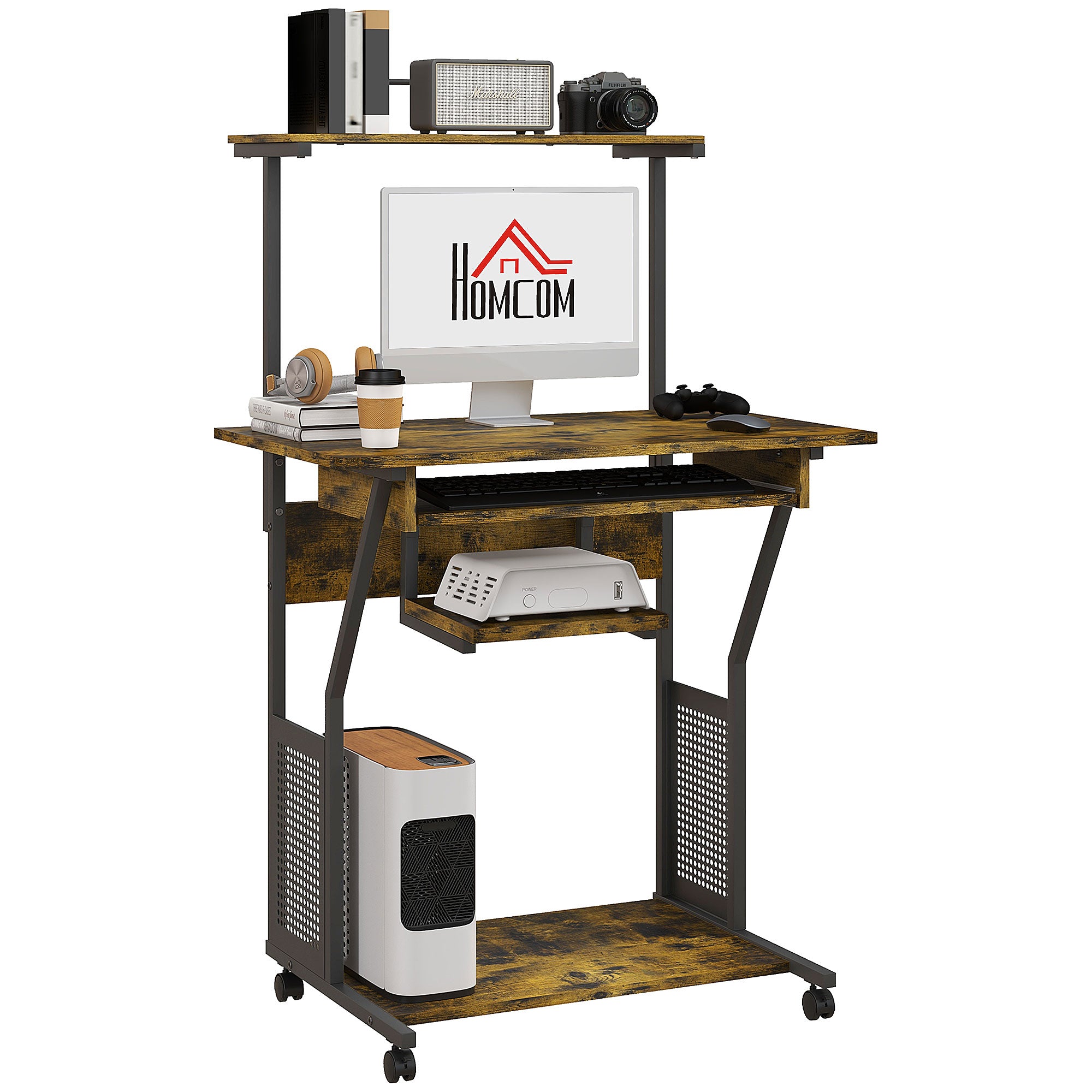 HOMCOM 32" Computer Desk, Mobile Home Office Desk with Keyboard Tray and Storage Shelves, Rolling Workstation on Wheels, Rustic Brown