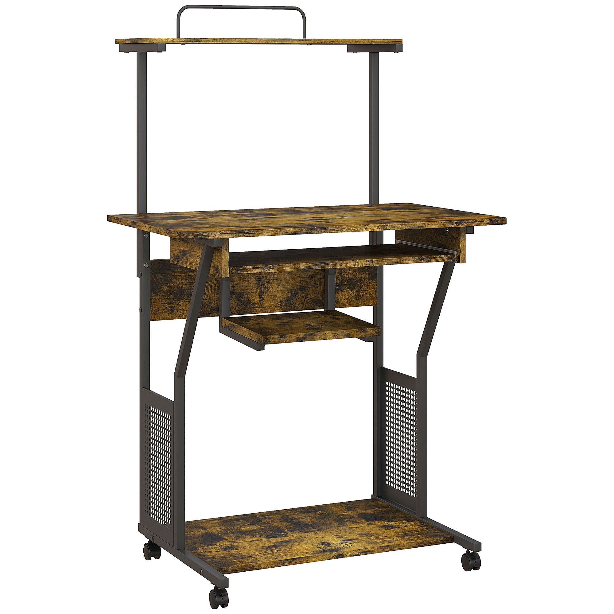 HOMCOM 32" Computer Desk, Mobile Home Office Desk with Keyboard Tray and Storage Shelves, Rolling Workstation on Wheels, Rustic Brown