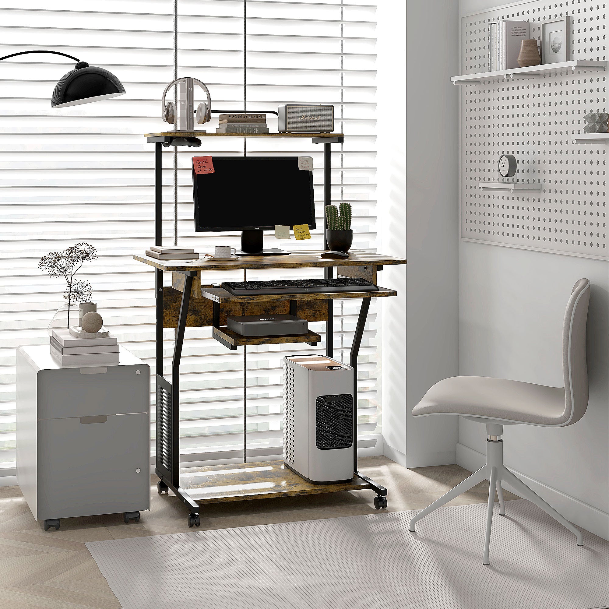 HOMCOM 32" Computer Desk, Mobile Home Office Desk with Keyboard Tray and Storage Shelves, Rolling Workstation on Wheels, Rustic Brown