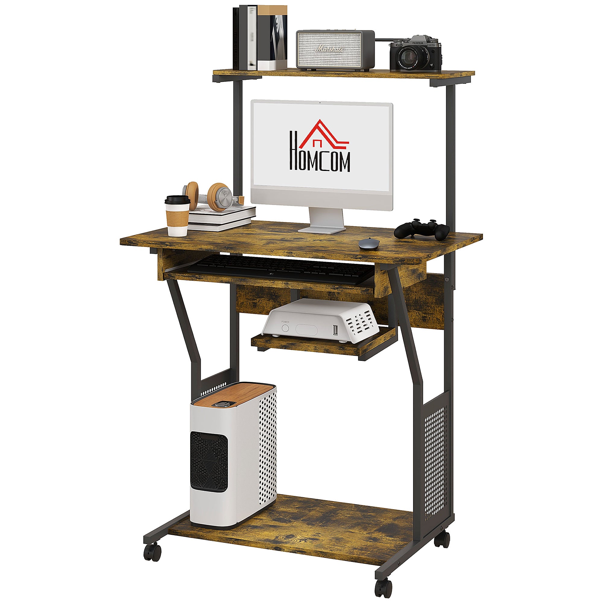 HOMCOM 32" Computer Desk, Mobile Home Office Desk with Keyboard Tray and Storage Shelves, Rolling Workstation on Wheels, Rustic Brown