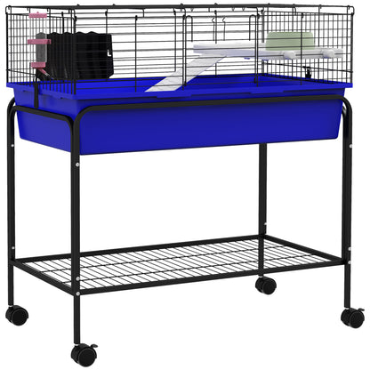 PawHut Two- Story Small Animal Cage Removable from Stand, Guinea Pig Cage, Hedgehog Cage, Chinchilla Cage, Ferret, with Shelf & Wheels, Pet Habitat, 33" x 18.5" x 35" , Blue