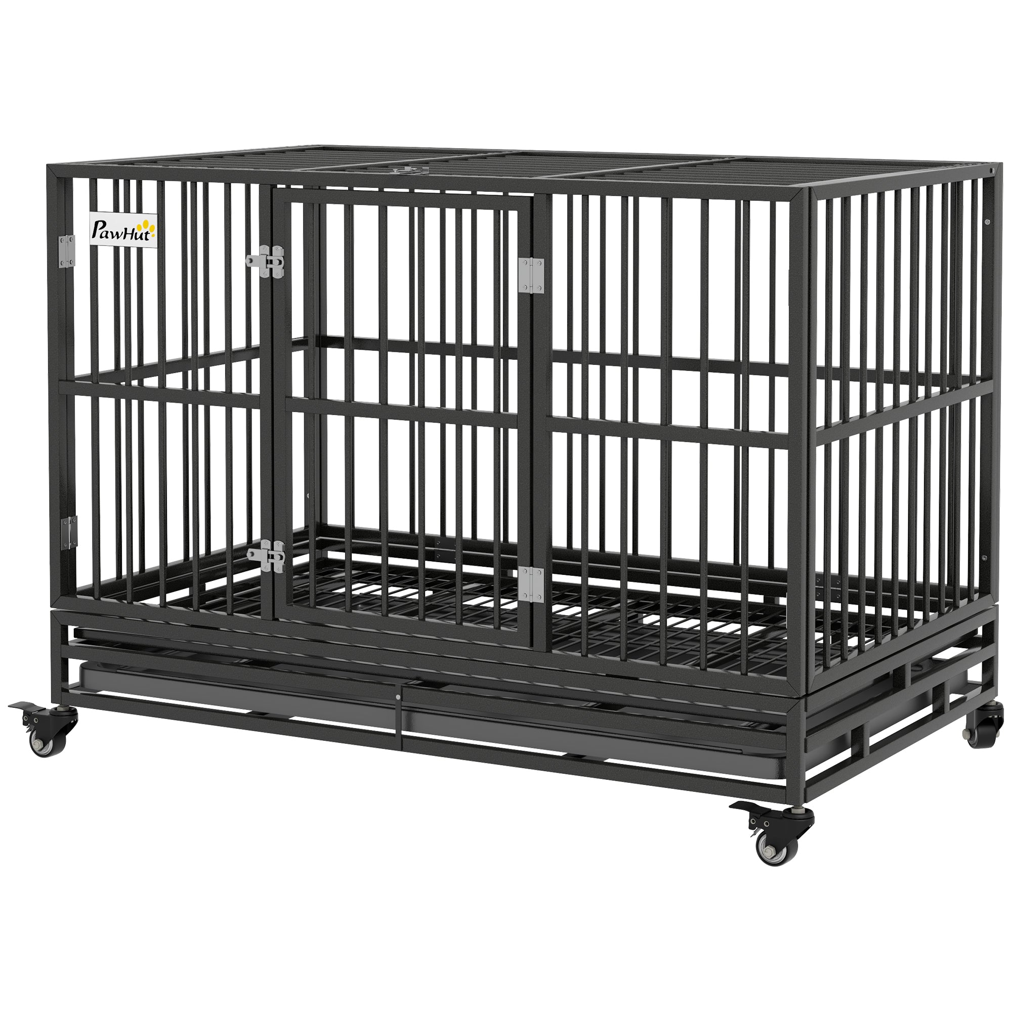 PawHut 48" Heavy Duty Dog Crate Metal Cage Kennel with Lockable Wheels, Double Door and Removable Tray, Gray