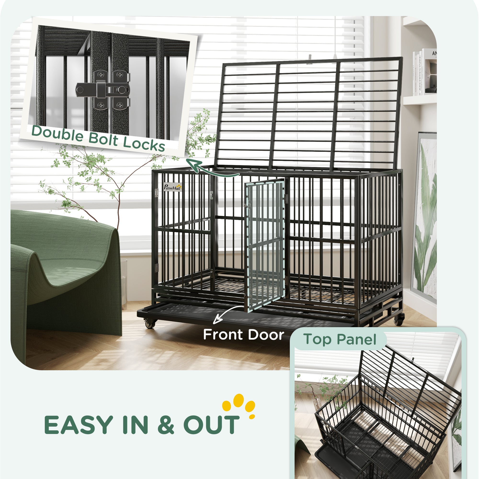PawHut 48" Heavy Duty Dog Crate Metal Cage Kennel with Lockable Wheels, Double Door and Removable Tray, Gray