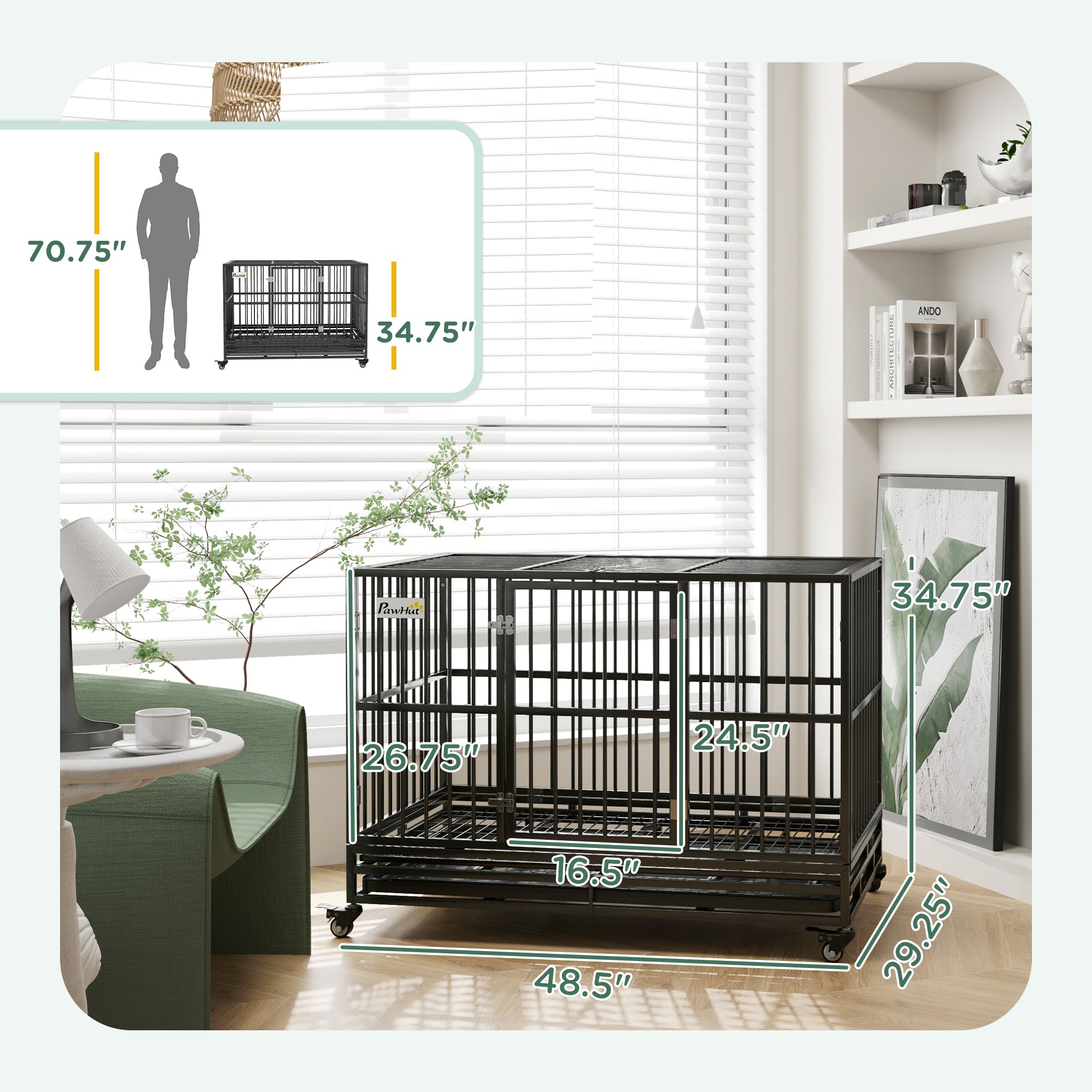 PawHut 48" Heavy Duty Dog Crate Metal Cage Kennel with Lockable Wheels, Double Door and Removable Tray, Gray