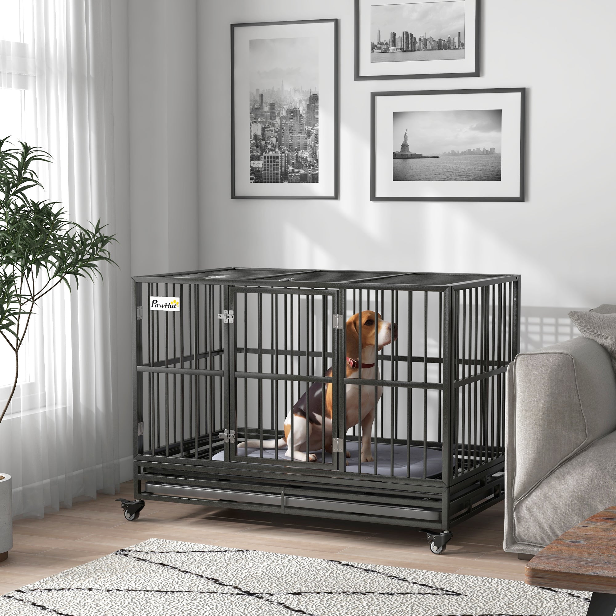 PawHut 48" Heavy Duty Dog Crate Metal Cage Kennel with Lockable Wheels, Double Door and Removable Tray, Gray