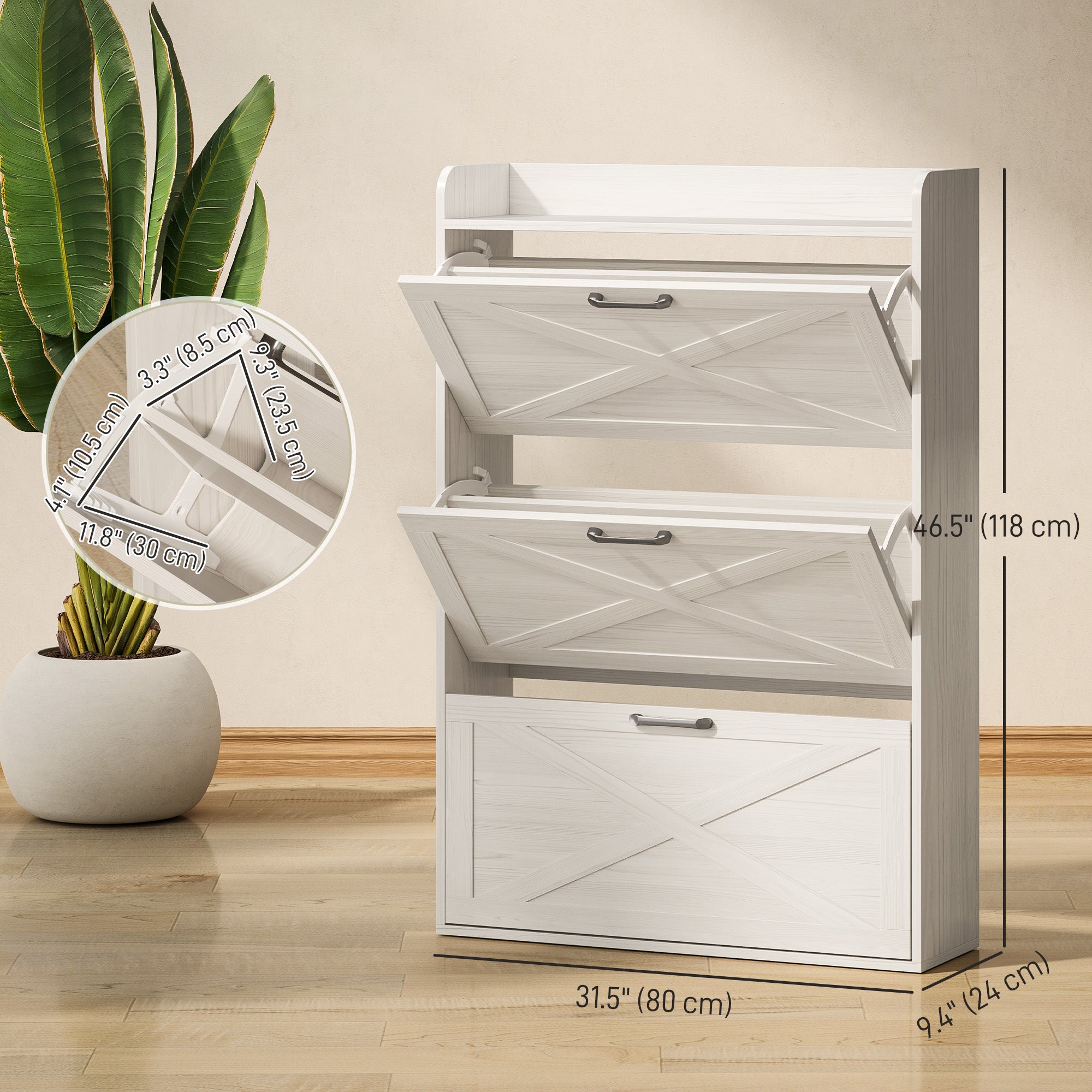 HOMCOM Narrow Shoe Cabinet, Farmhouse Slim Shoe Organizer Cabinet with 3 Flip Drawers, Adjustable Shelves, Barn Door Design for Entryway, Hallway, White Wood Grain