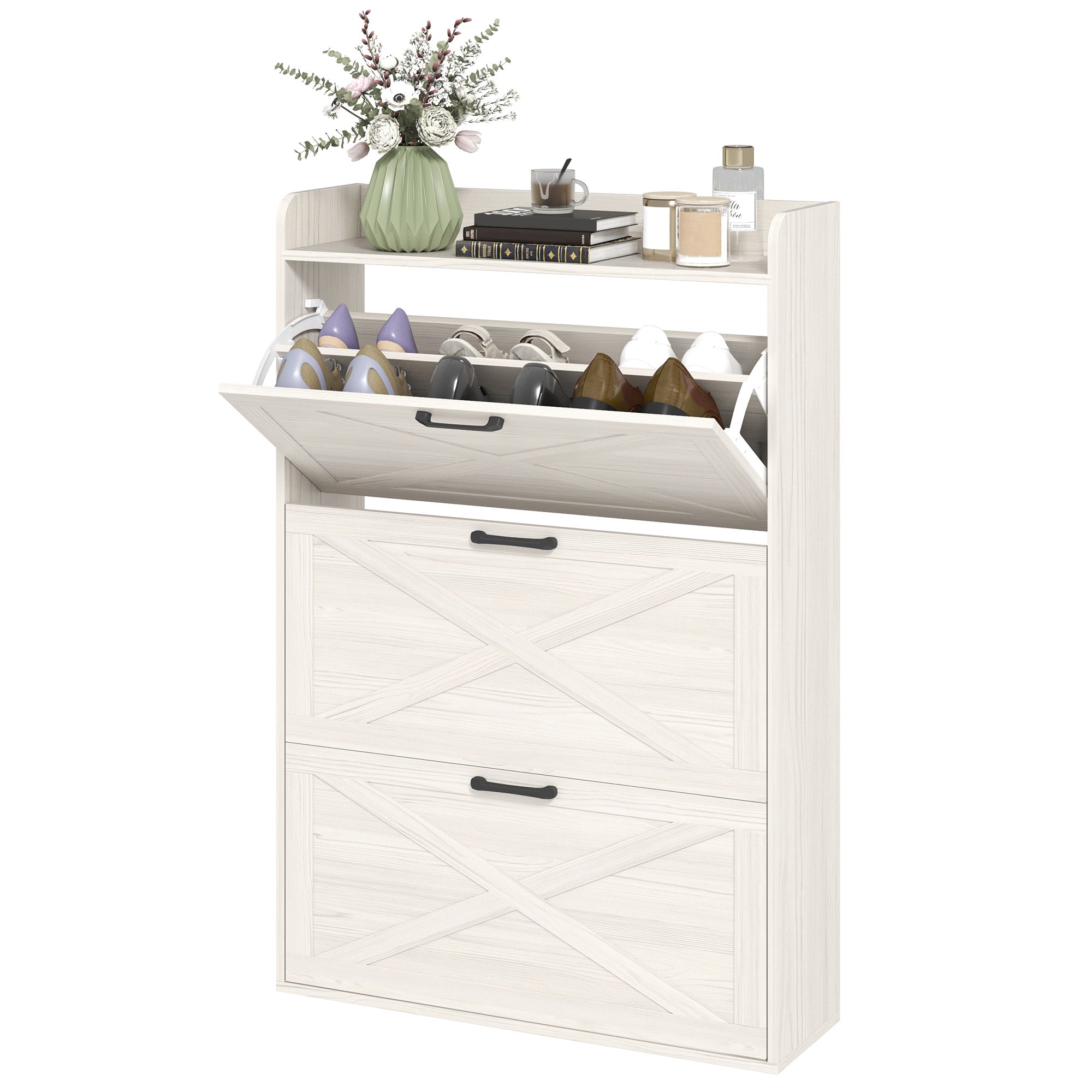 HOMCOM Narrow Shoe Cabinet, Farmhouse Slim Shoe Organizer Cabinet with 3 Flip Drawers, Adjustable Shelves, Barn Door Design for Entryway, Hallway, White Wood Grain