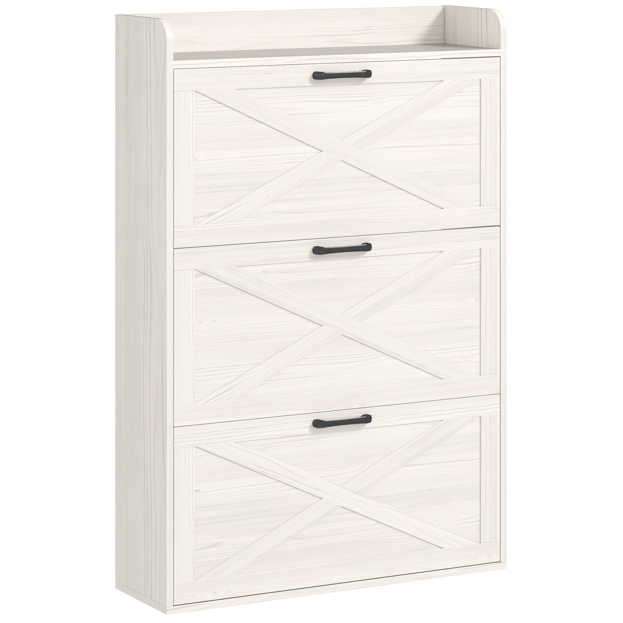 HOMCOM Narrow Shoe Cabinet, Farmhouse Slim Shoe Organizer Cabinet with 3 Flip Drawers, Adjustable Shelves, Barn Door Design for Entryway, Hallway, White Wood Grain