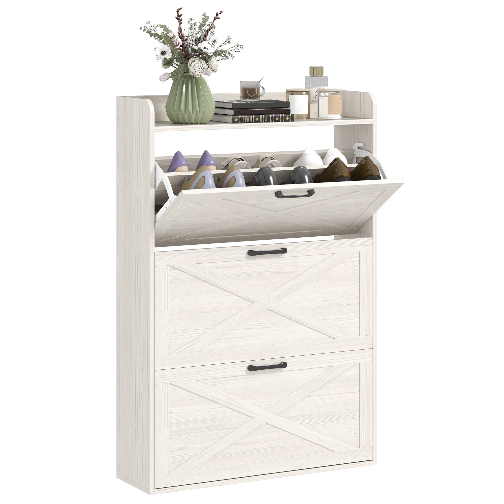 HOMCOM Narrow Shoe Cabinet, Farmhouse Slim Shoe Organizer Cabinet with 3 Flip Drawers, Adjustable Shelves, Barn Door Design for Entryway, Hallway, White Wood Grain