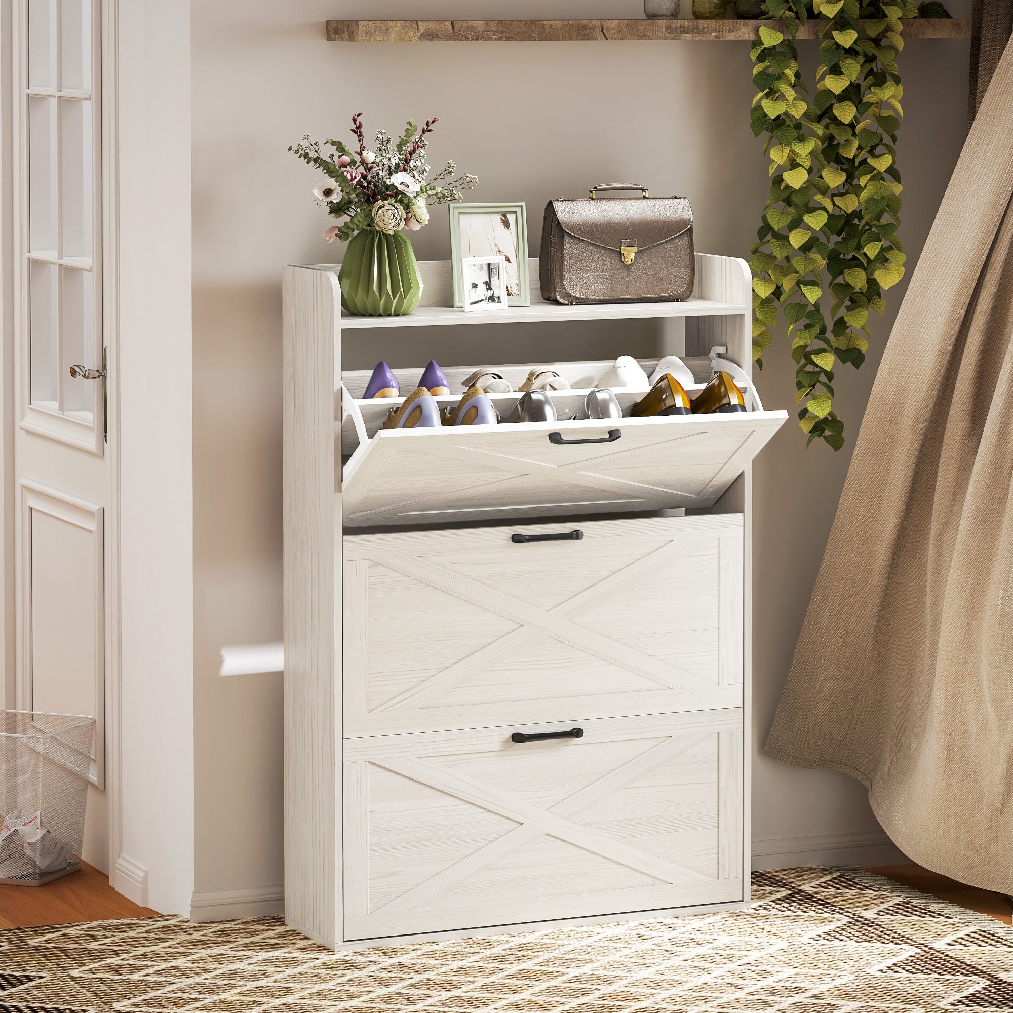HOMCOM Narrow Shoe Cabinet, Farmhouse Slim Shoe Organizer Cabinet with 3 Flip Drawers, Adjustable Shelves, Barn Door Design for Entryway, Hallway, White Wood Grain