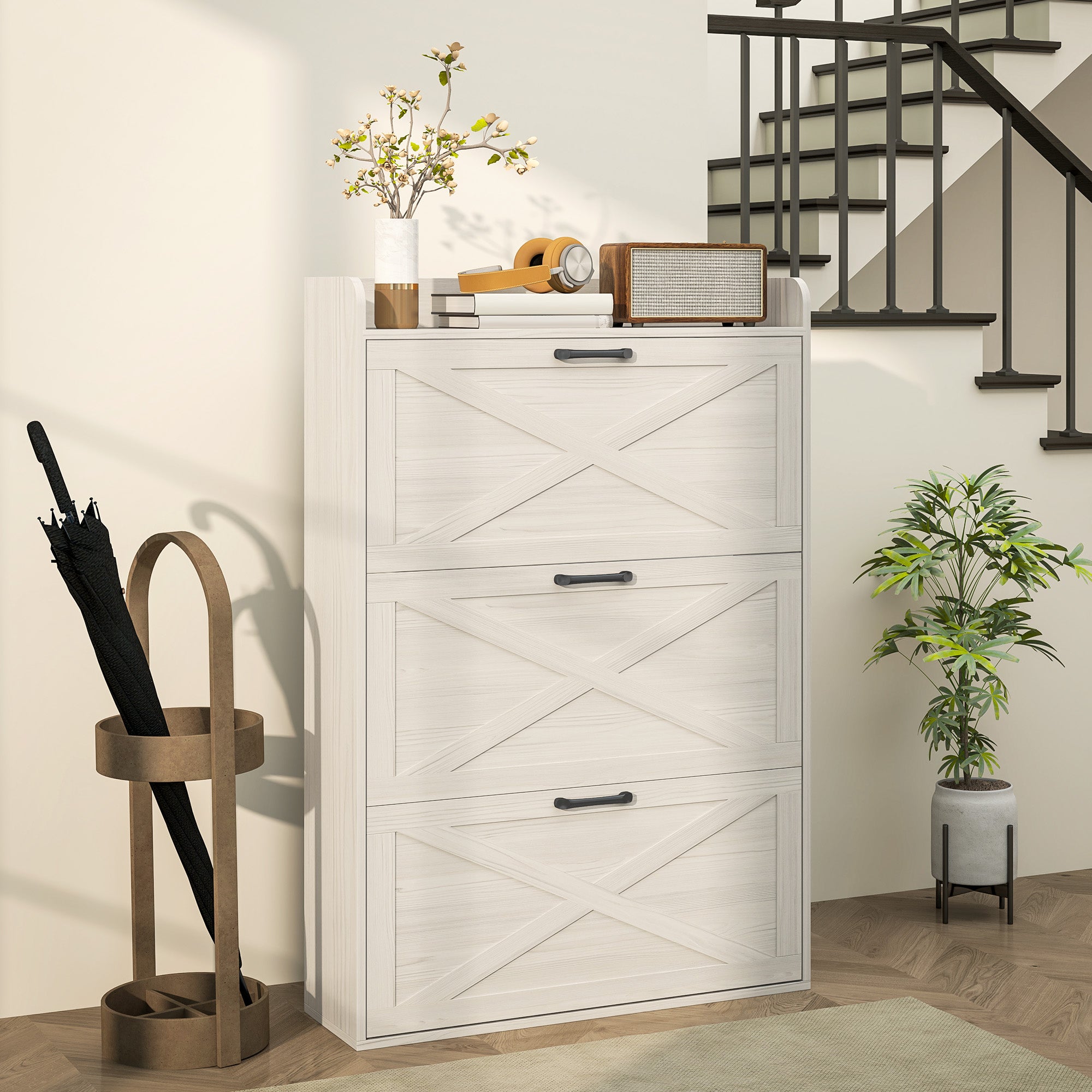 HOMCOM Narrow Shoe Cabinet, Farmhouse Slim Shoe Organizer Cabinet with 3 Flip Drawers, Adjustable Shelves, Barn Door Design for Entryway, Hallway, White Wood Grain