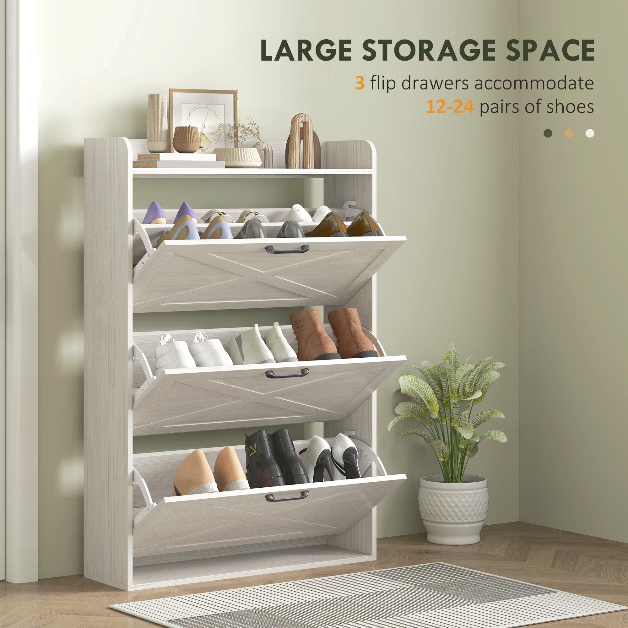 HOMCOM Narrow Shoe Cabinet, Farmhouse Slim Shoe Organizer Cabinet with 3 Flip Drawers, Adjustable Shelves, Barn Door Design for Entryway, Hallway, White Wood Grain