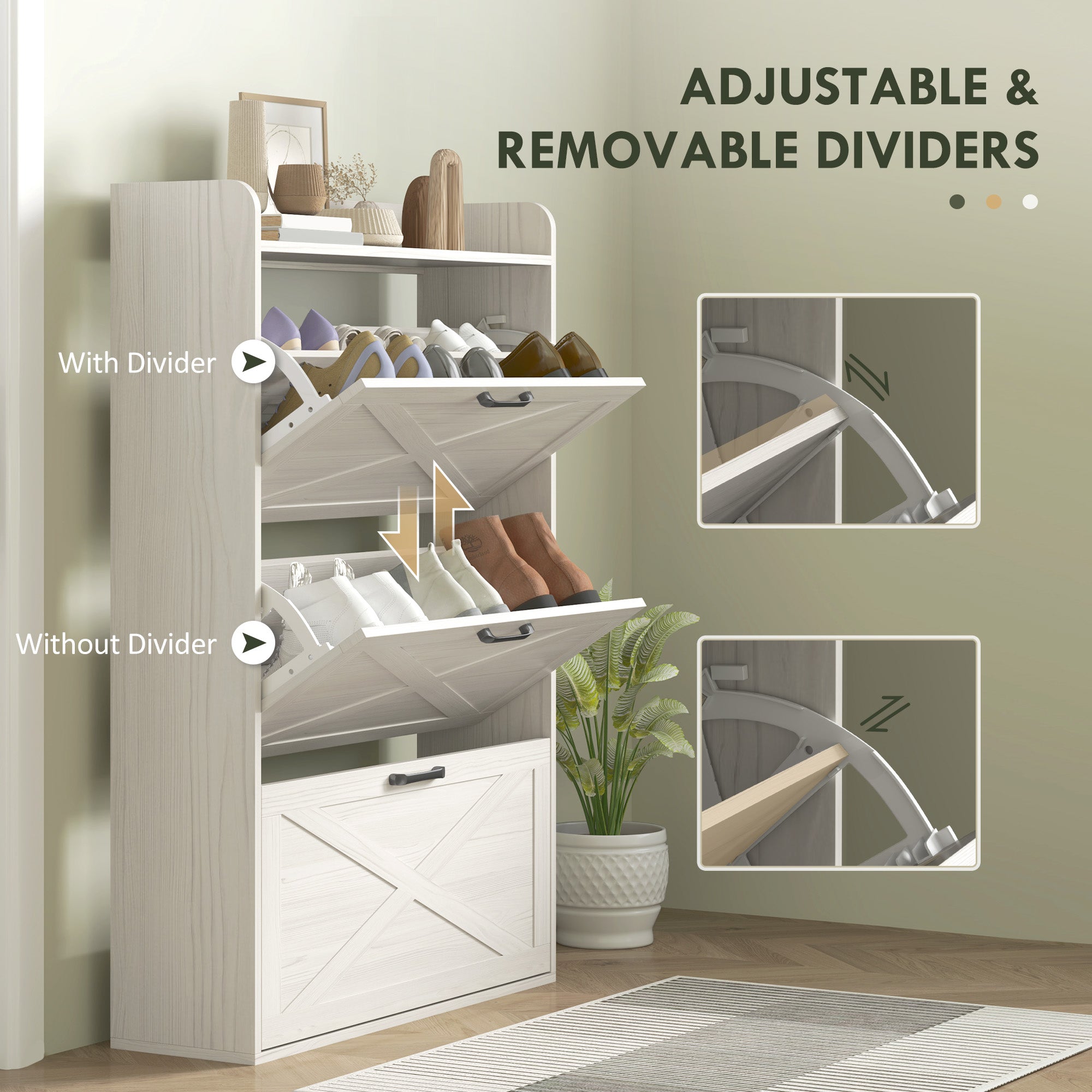 HOMCOM Narrow Shoe Cabinet, Farmhouse Slim Shoe Organizer Cabinet with 3 Flip Drawers, Adjustable Shelves, Barn Door Design for Entryway, Hallway, White Wood Grain