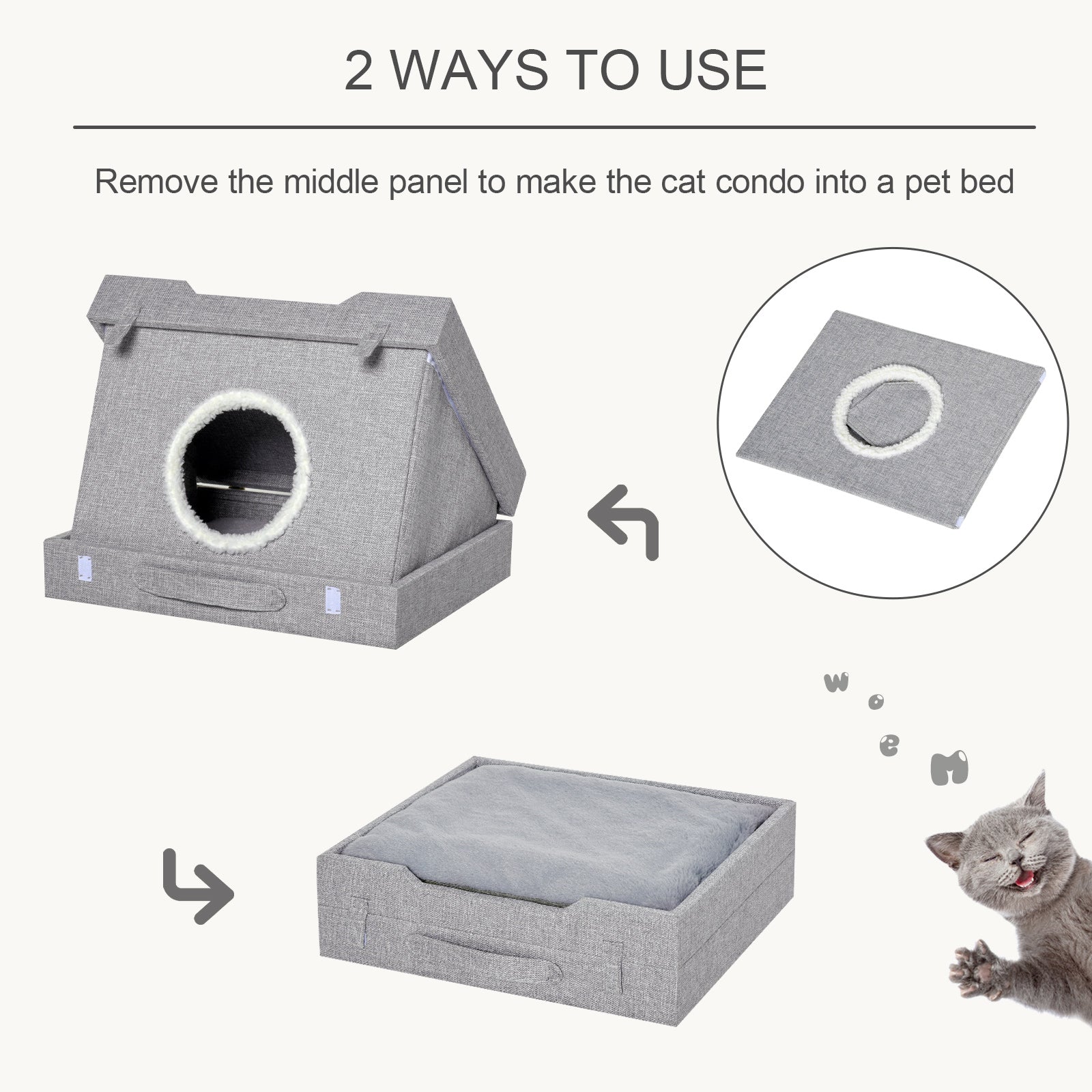 PawHut Cat House Foldable 2 In 1 Design Condo Pet Bed with Removable Washable Cushions Scratching Pad, Grey