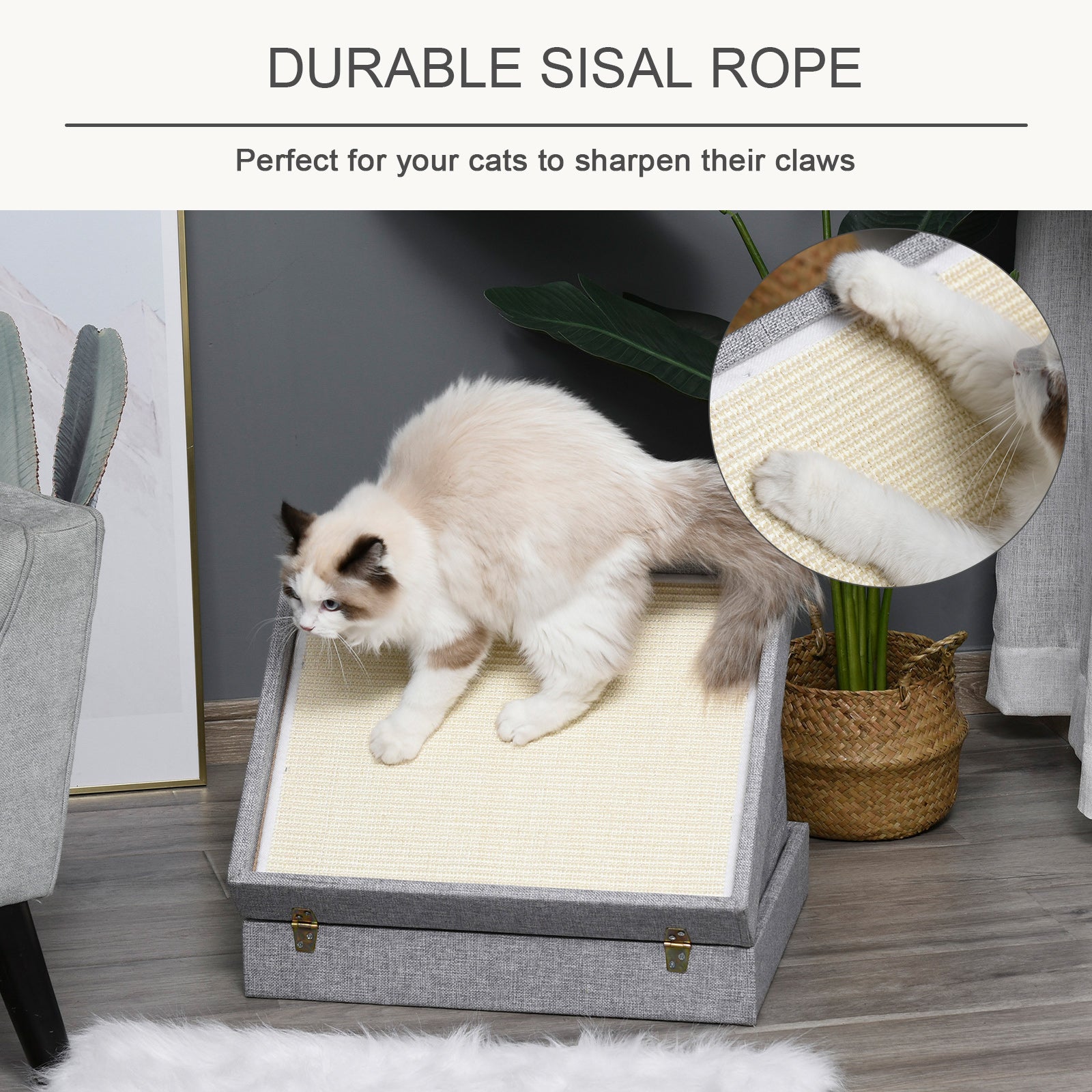 PawHut Cat House Foldable 2 In 1 Design Condo Pet Bed with Removable Washable Cushions Scratching Pad, Grey