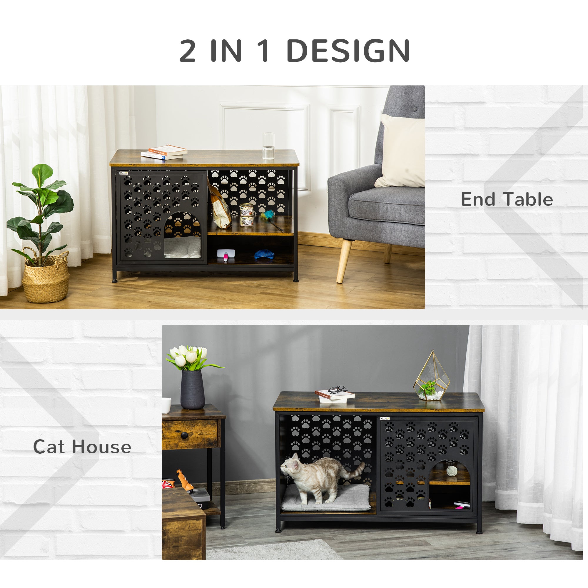 PawHut Wooden Cat House End Table Furniture Style Kitty Shelter Bed with Washable Cushion Hideaway Cabinet with Storage Shelf Rustic Brown