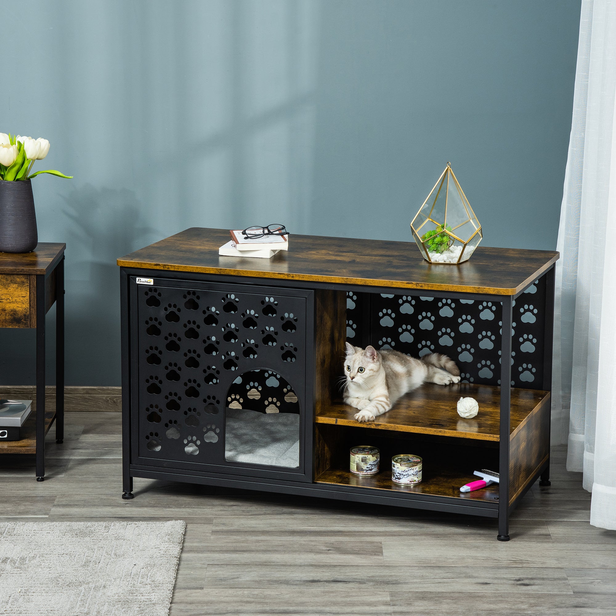 PawHut Wooden Cat House End Table Furniture Style Kitty Shelter Bed with Washable Cushion Hideaway Cabinet with Storage Shelf Rustic Brown