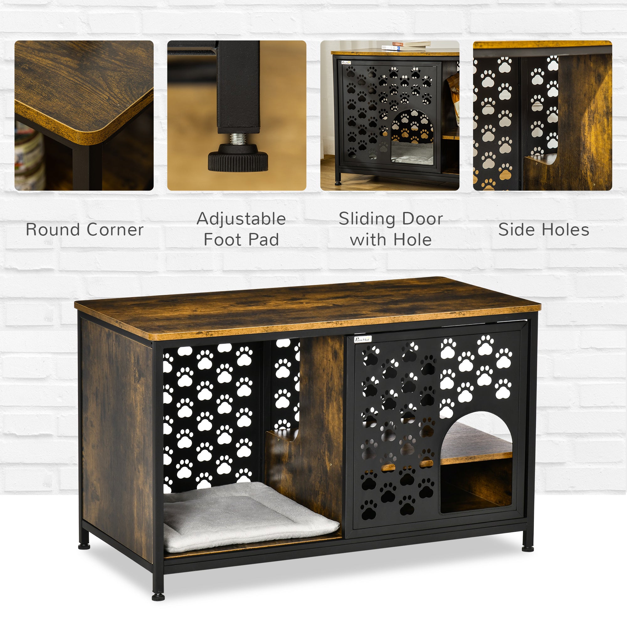 PawHut Wooden Cat House End Table Furniture Style Kitty Shelter Bed with Washable Cushion Hideaway Cabinet with Storage Shelf Rustic Brown