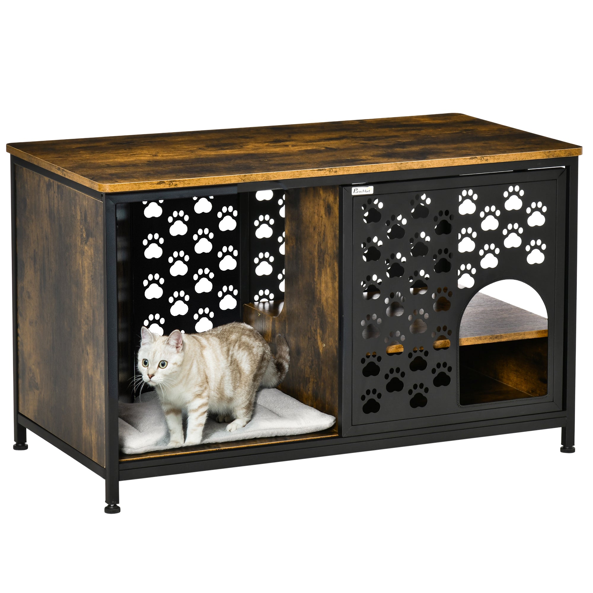 PawHut Wooden Cat House End Table Furniture Style Kitty Shelter Bed with Washable Cushion Hideaway Cabinet with Storage Shelf Rustic Brown