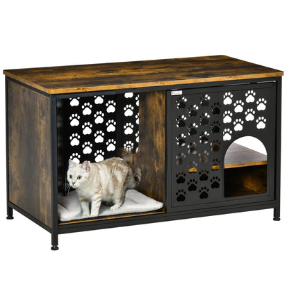PawHut Wooden Cat House End Table Furniture Style Kitty Shelter Bed with Washable Cushion Hideaway Cabinet with Storage Shelf Rustic Brown