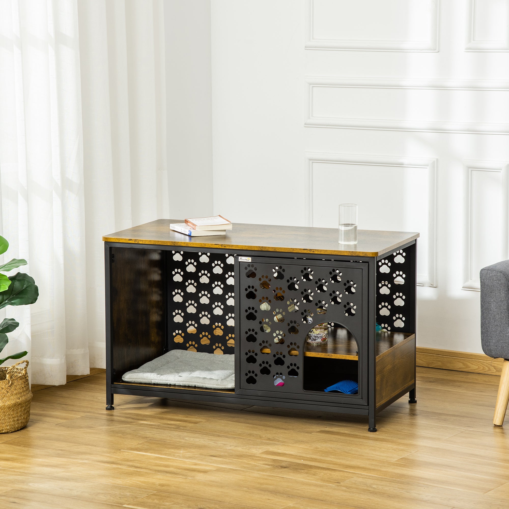 PawHut Wooden Cat House End Table Furniture Style Kitty Shelter Bed with Washable Cushion Hideaway Cabinet with Storage Shelf Rustic Brown