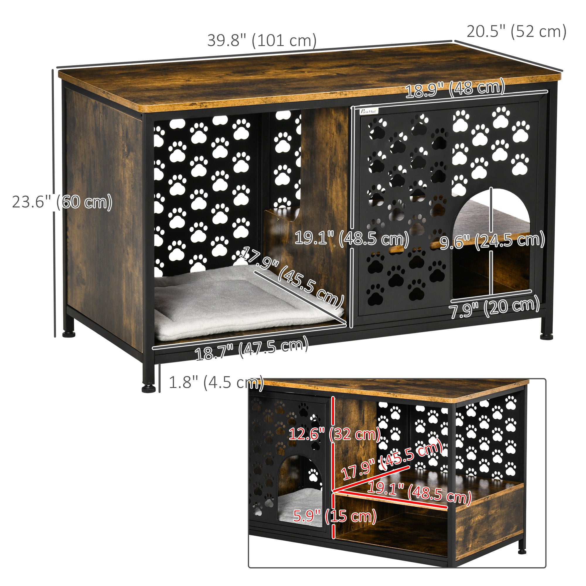 PawHut Wooden Cat House End Table Furniture Style Kitty Shelter Bed with Washable Cushion Hideaway Cabinet with Storage Shelf Rustic Brown