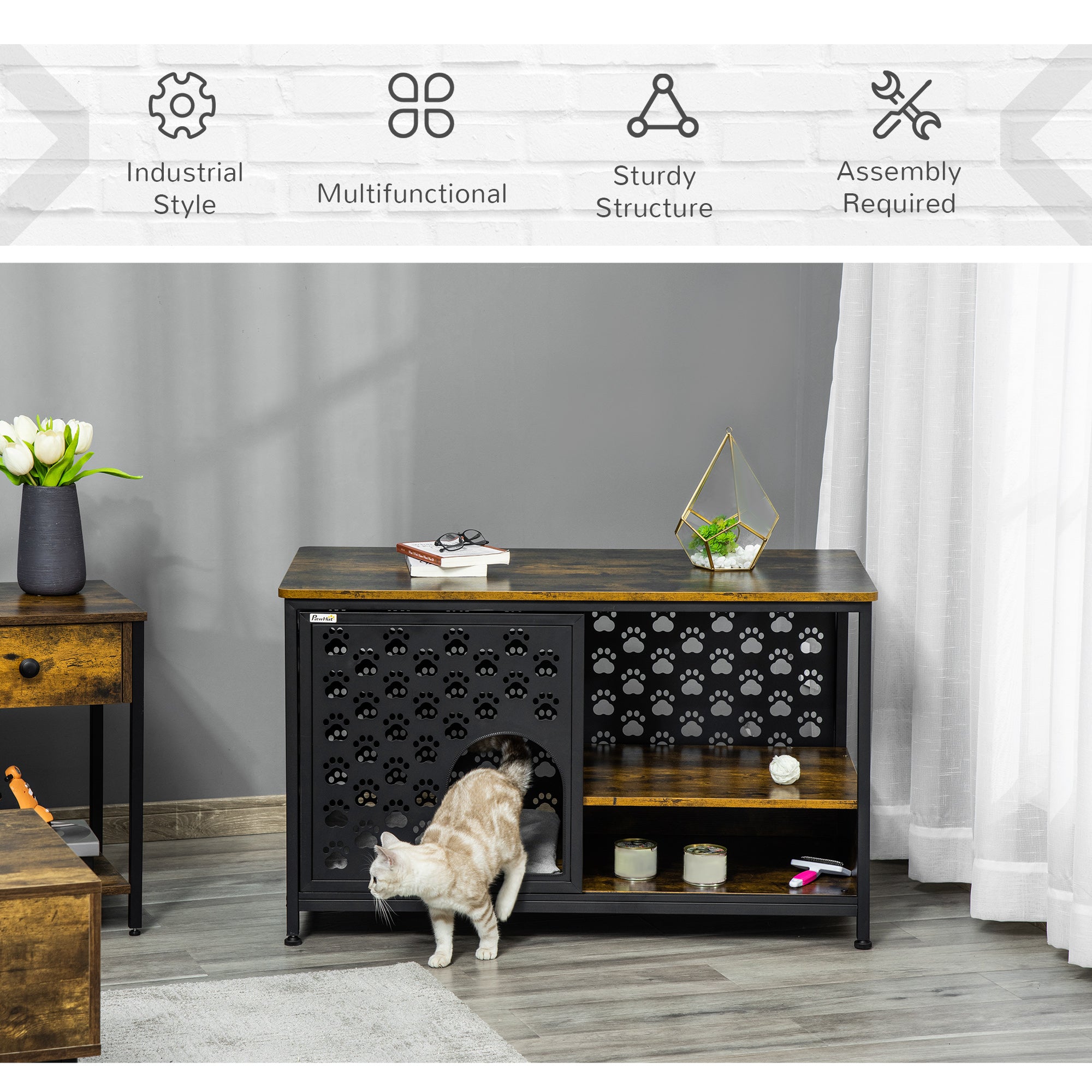 PawHut Wooden Cat House End Table Furniture Style Kitty Shelter Bed with Washable Cushion Hideaway Cabinet with Storage Shelf Rustic Brown